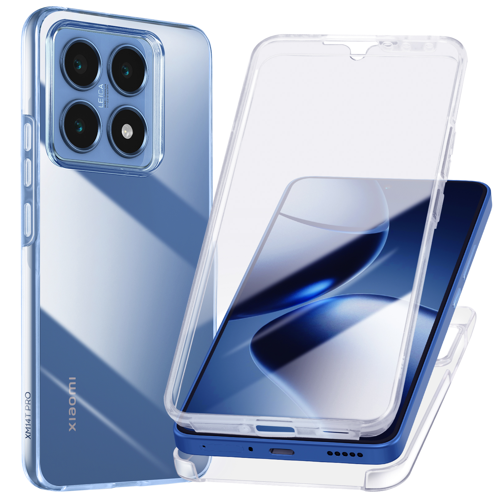 Deux coques de téléphone, une transparente, une bleue, avec un téléphone à l'intérieur. Les coques sont sur une surface bleue.