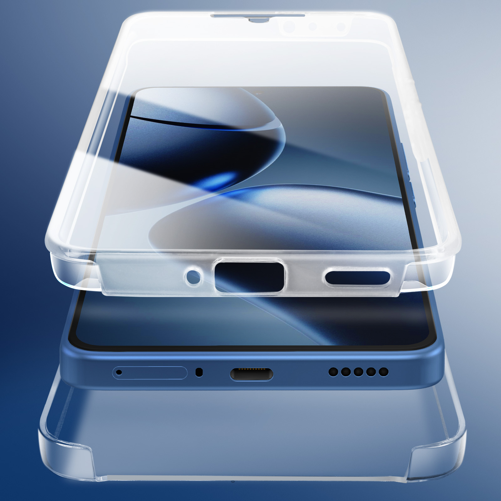 Deux coques de téléphone transparentes, l'une sur l'autre, avec un téléphone à l'intérieur. Les coques sont sur une surface bleue.