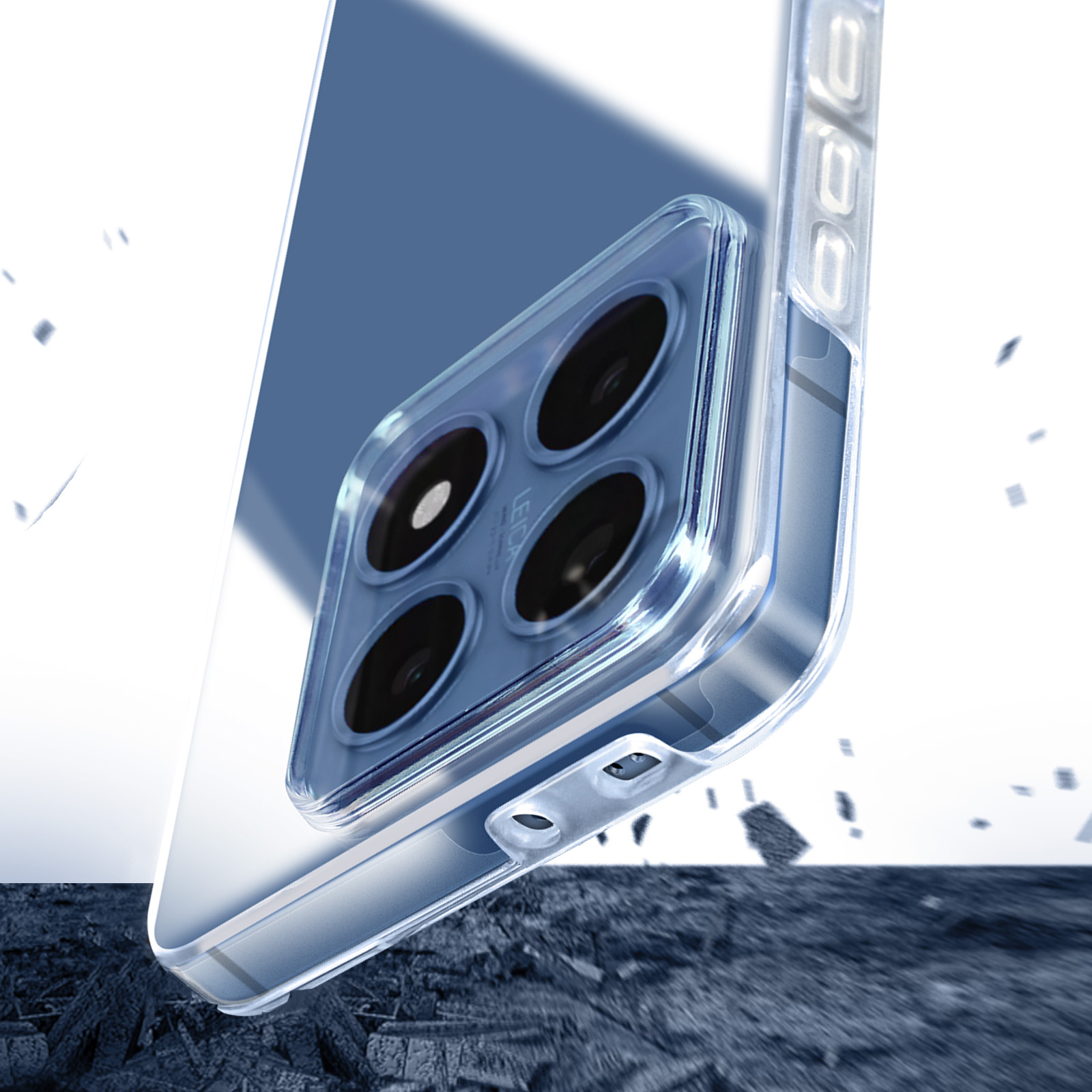 Gros plan sur une coque de téléphone transparente avec un module de caméra.