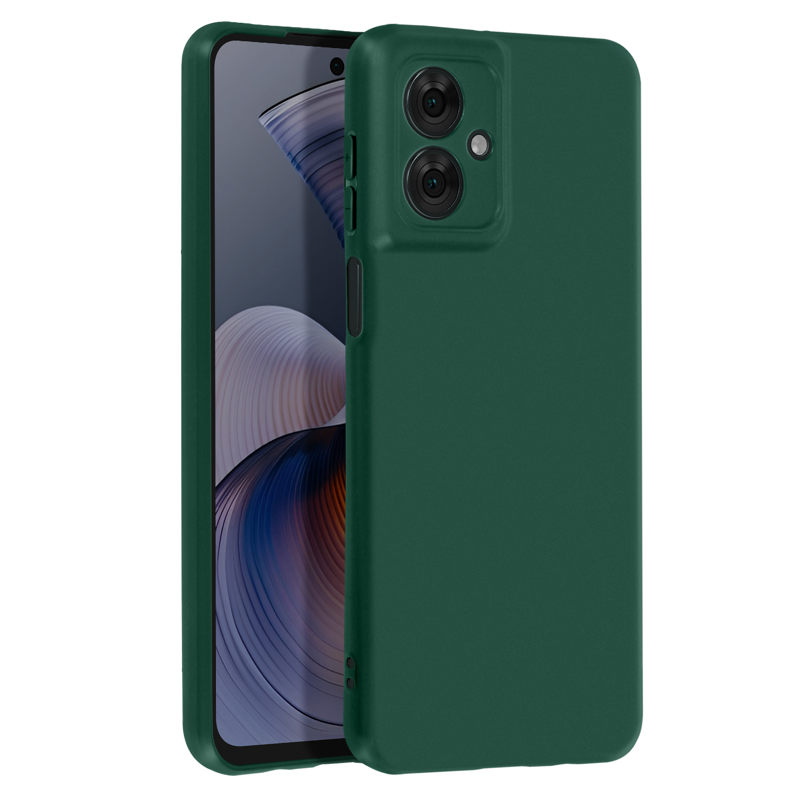 Grüne Handyhülle mit Handy. Der Bildschirm des Telefons ist sichtbar.