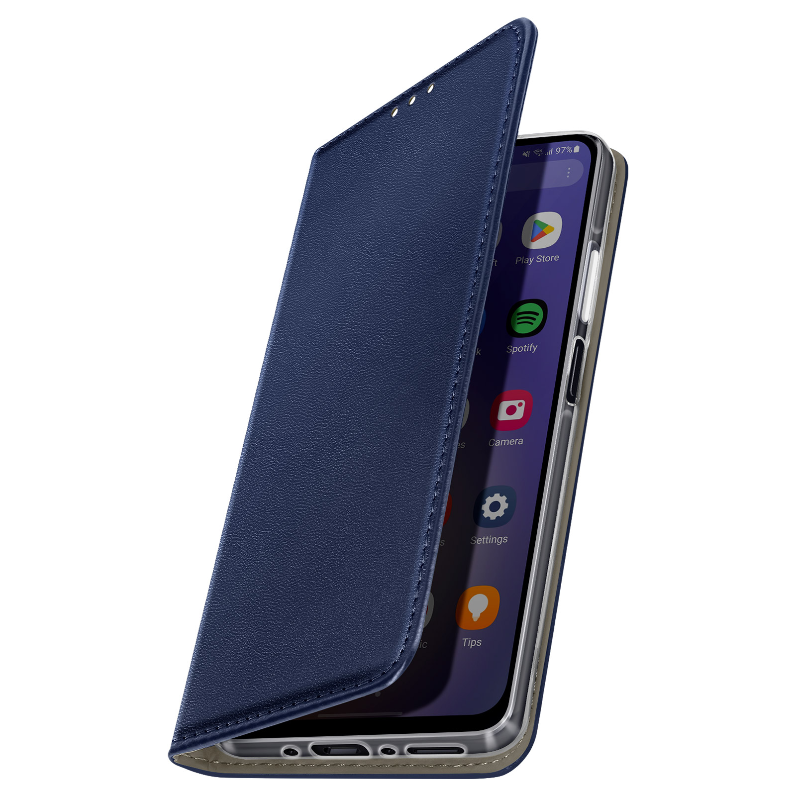 Blaue Handyhülle mit Handy, die Hülle ist geöffnet und zeigt den Bildschirm.
