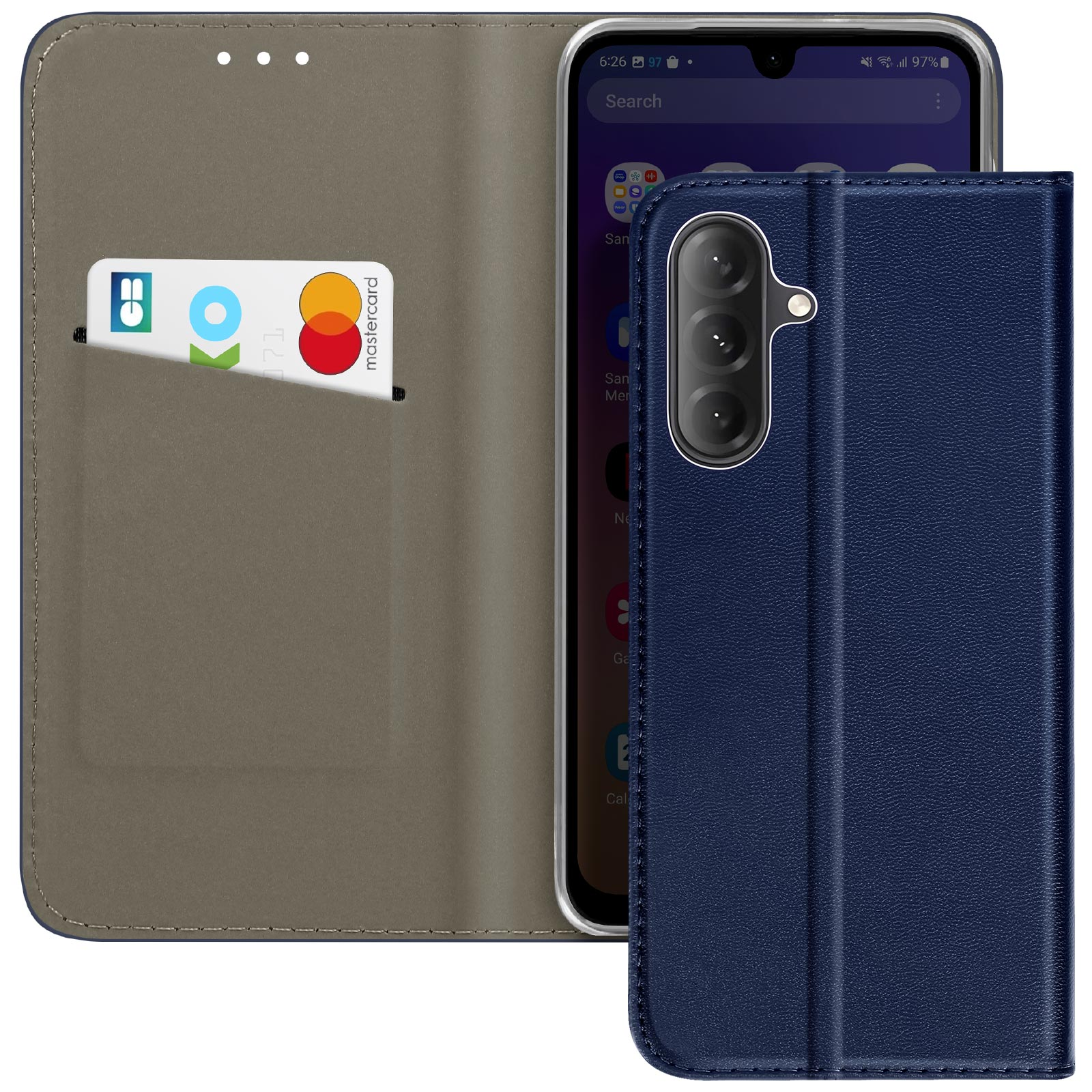 Ein Telefon in einer blauen Hülle, mit einer Karte und einer Mastercard im Kartenfach.