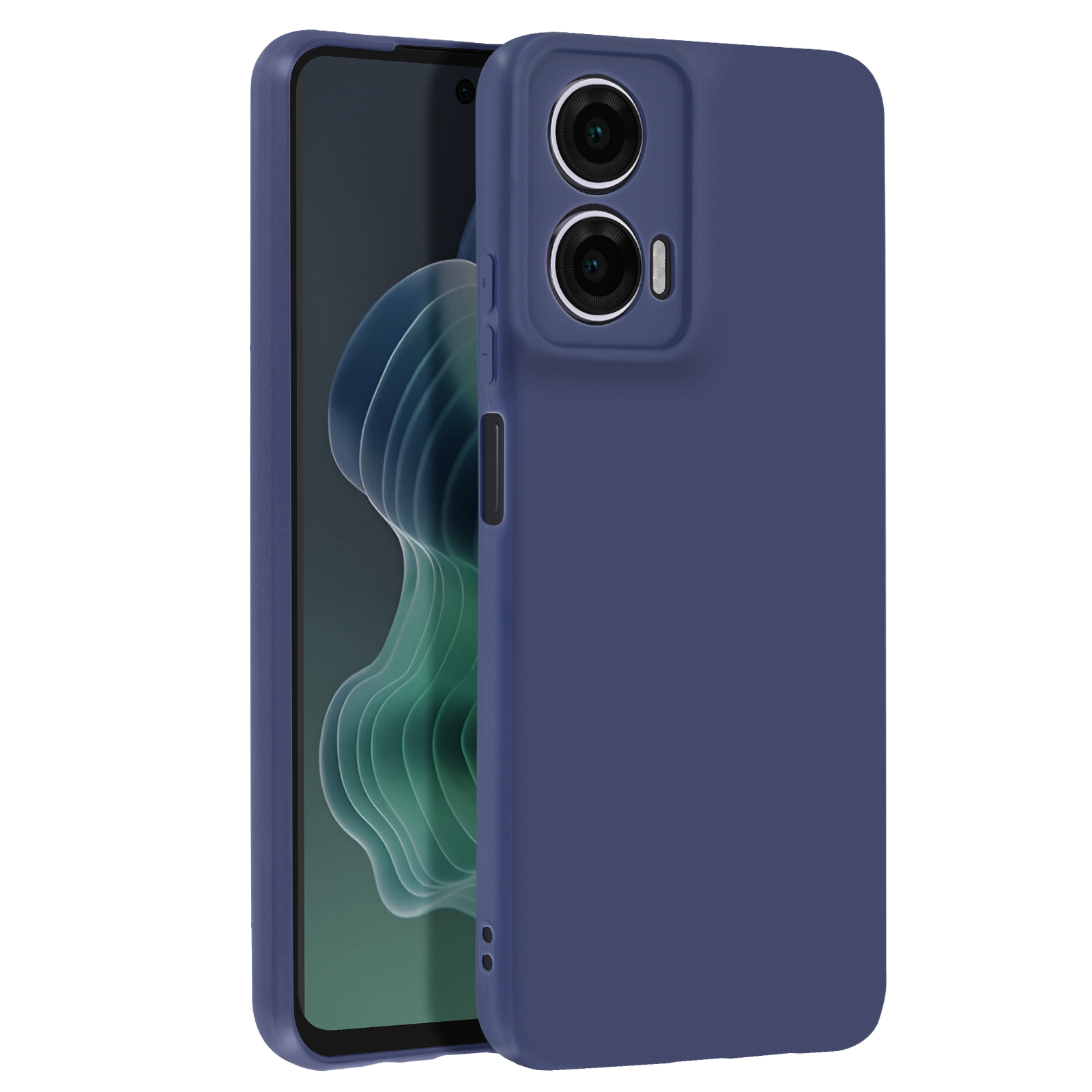 Blaue Handyhülle mit Handy. Der Bildschirm des Telefons ist sichtbar.