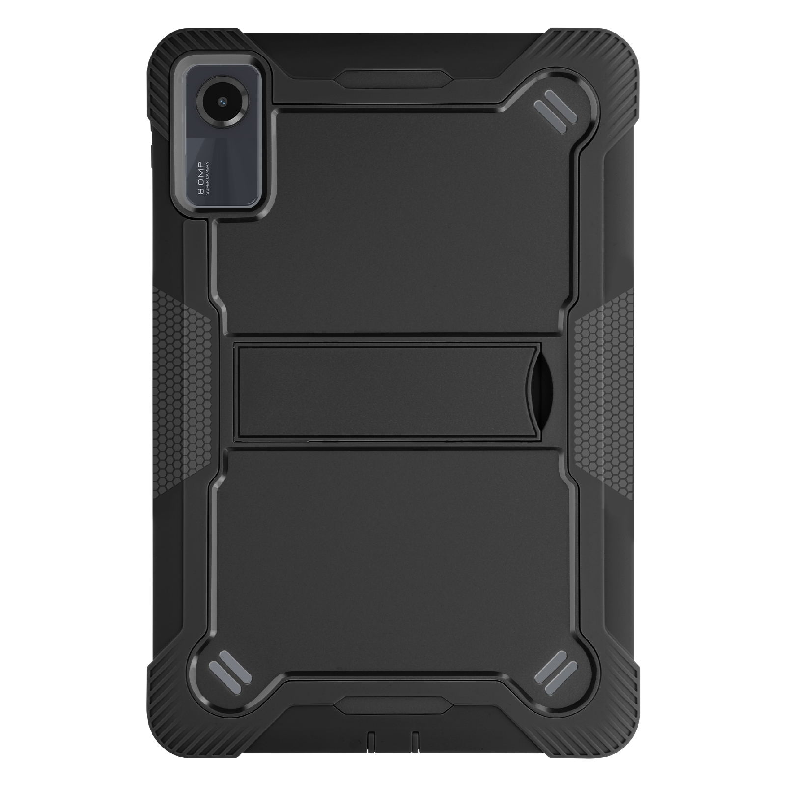 Custodia nera per tablet. La custodia ha una fotocamera e un supporto. È su un tavolo.