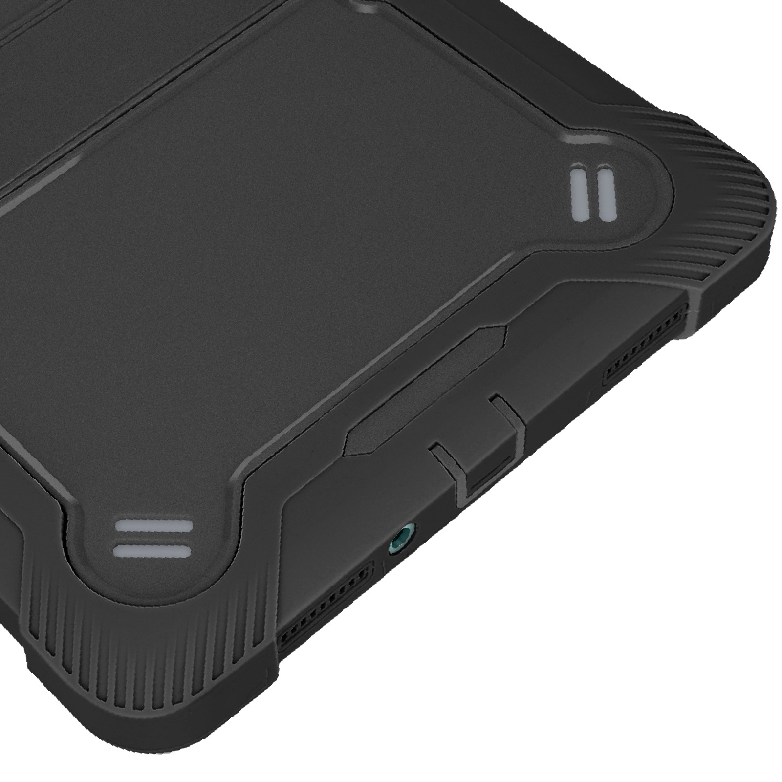 Primo piano dell'angolo di una custodia nera per tablet con ritagli per porte e bordi rialzati.