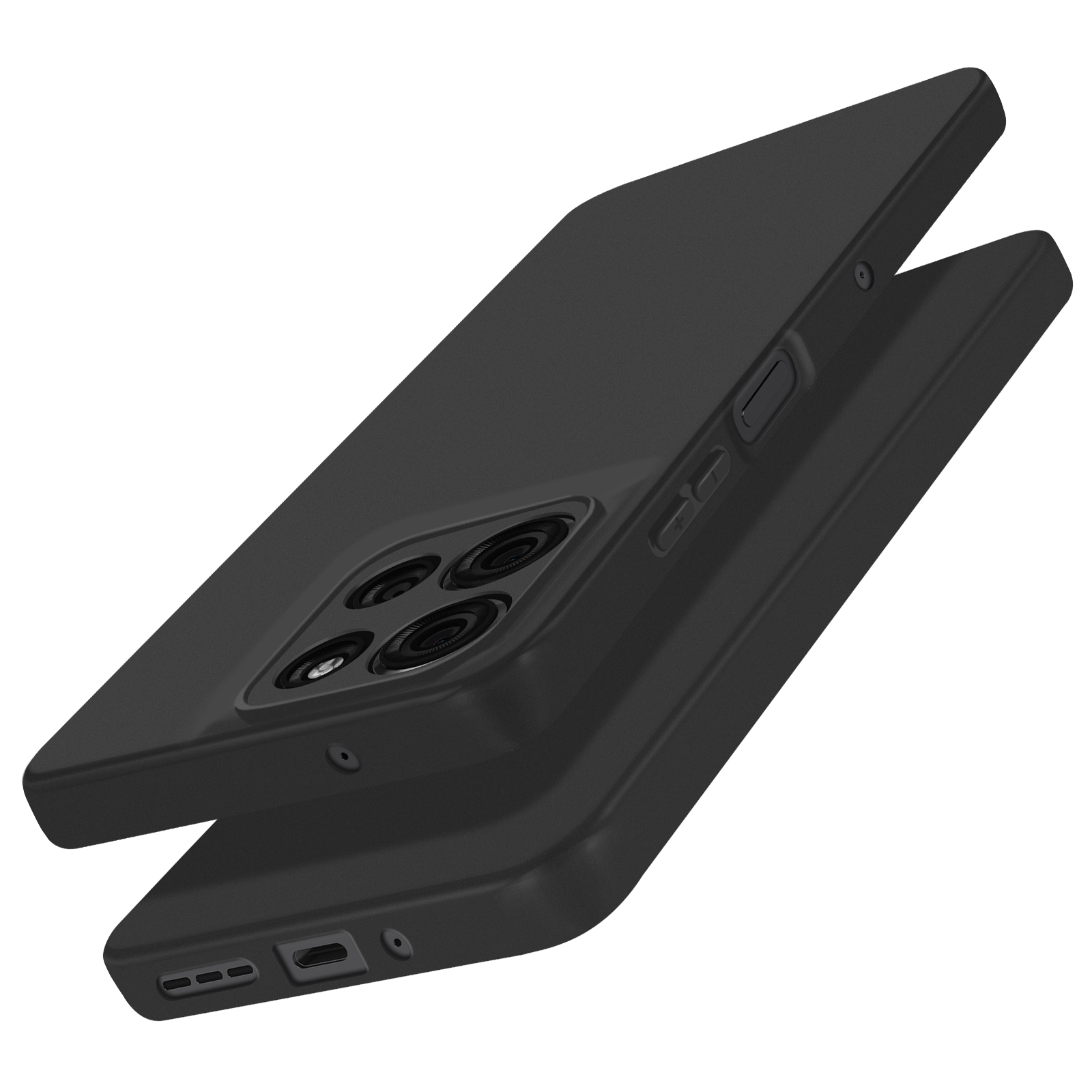 Schwarze Handyhülle mit mehreren Kameras und Knöpfen. Das Telefon liegt auf weißem Untergrund.