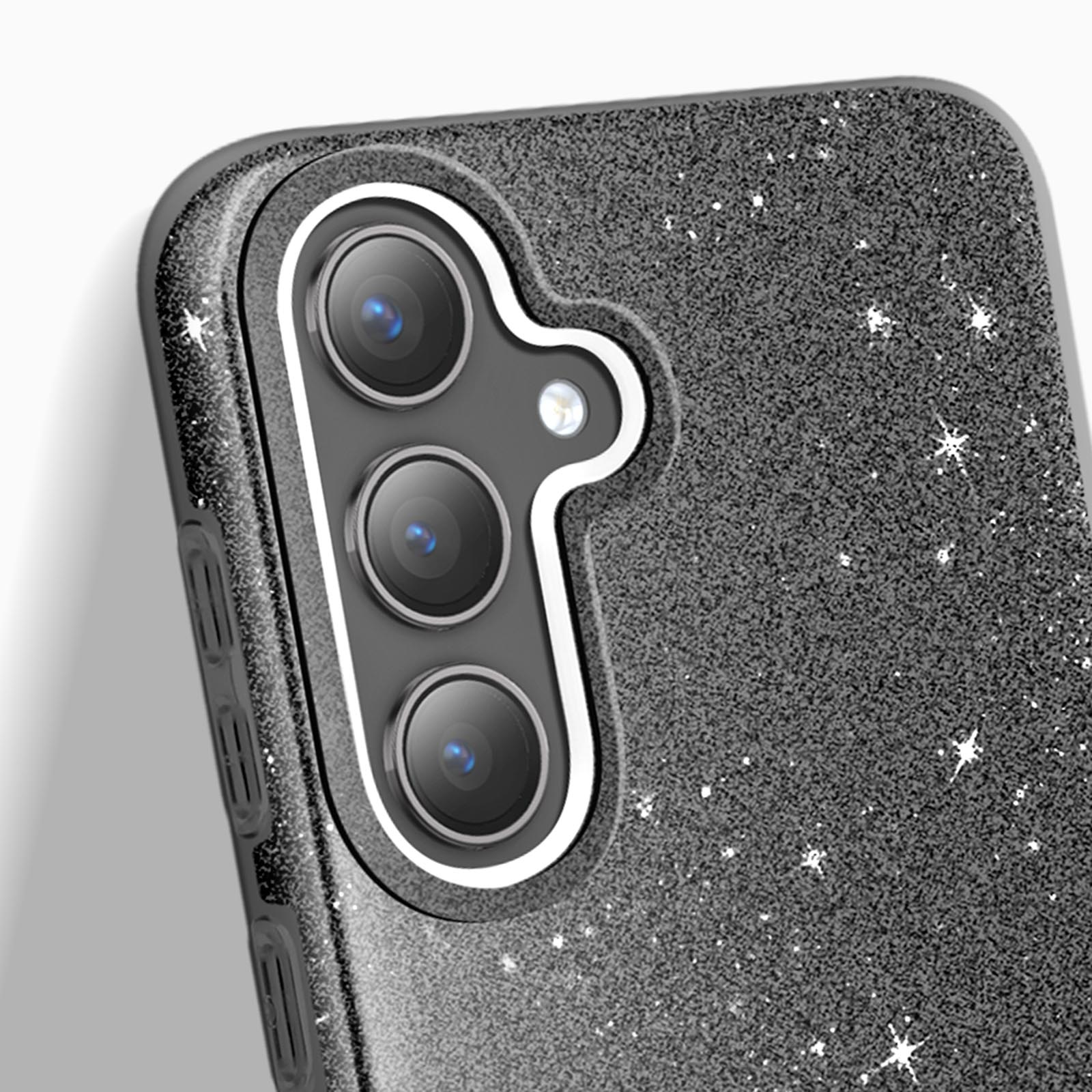 Primo piano di una custodia nera per telefono con design glitterato stellato e più lenti.