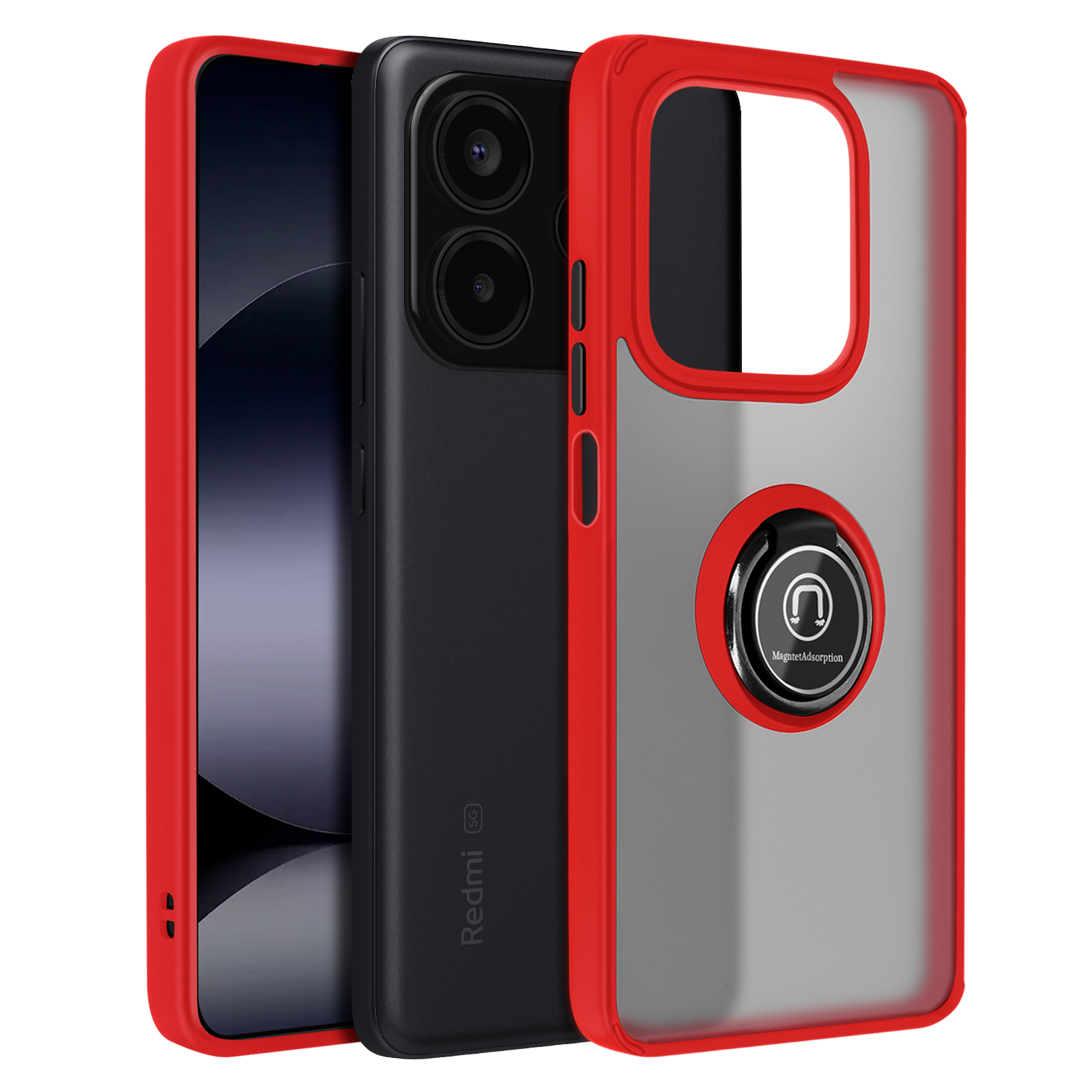 Telefono Redmi in custodia rossa e trasparente con anello magnetico. Il telefono è nero.