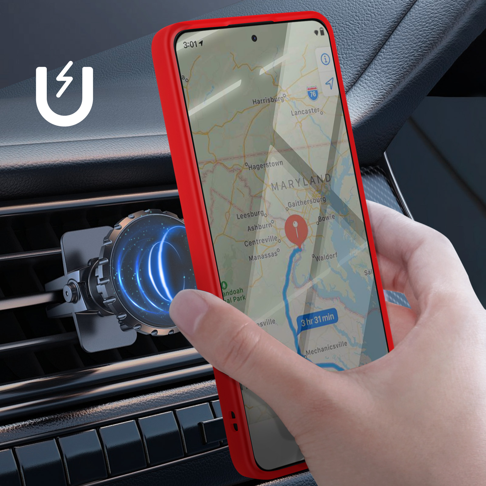 Una custodia per telefono con bordi rossi con una mappa sullo schermo è tenuta in mano. È visibile un supporto per bocchetta dell'auto.