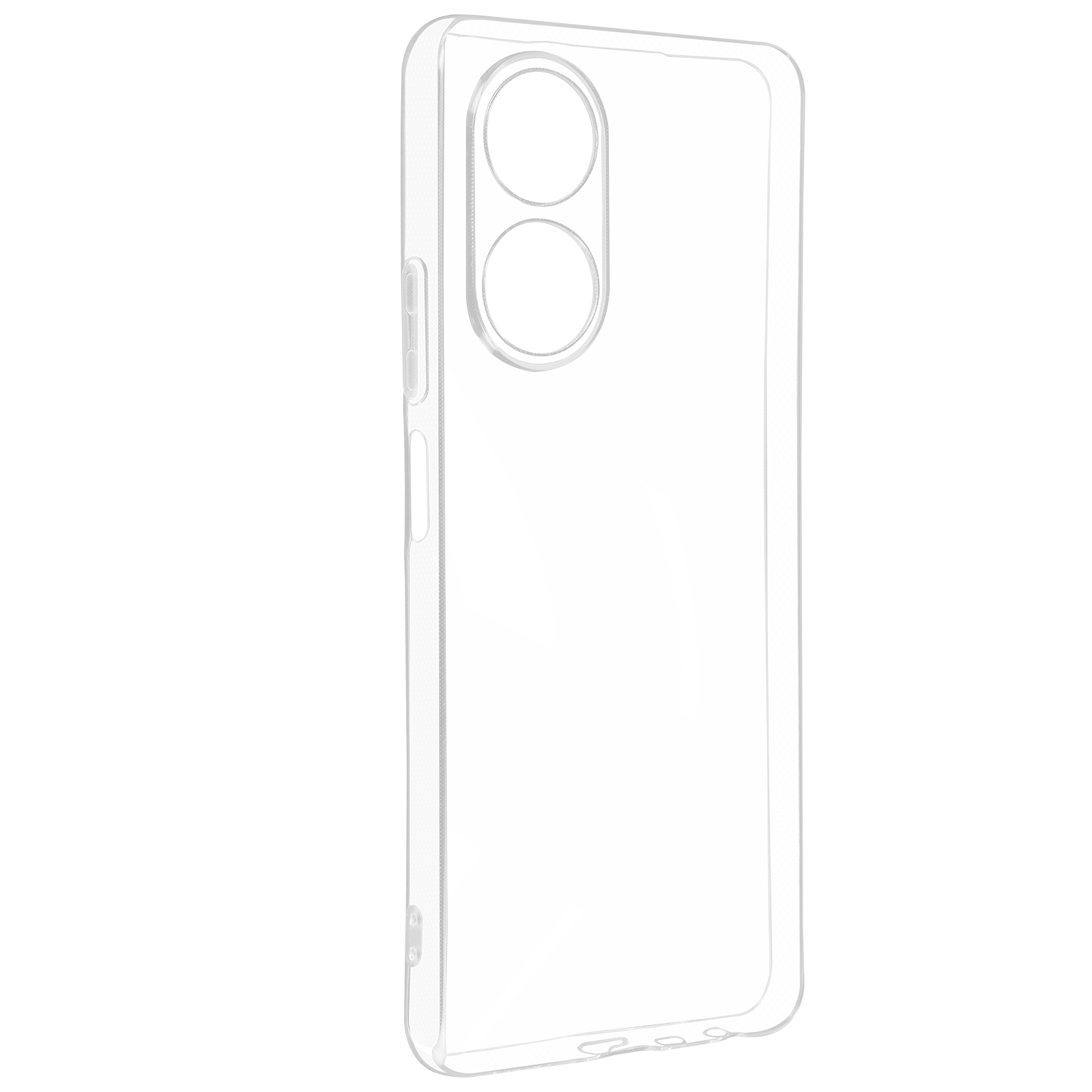 Una custodia trasparente per telefono, che mostra il contorno del telefono con ritagli per la fotocamera.