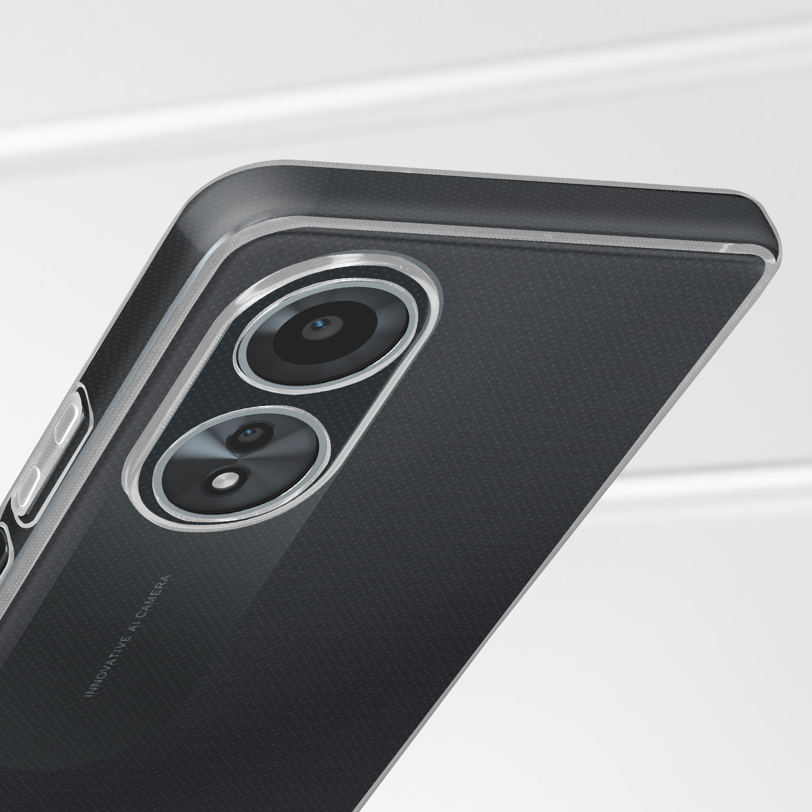 Primo piano di un telefono nero con lenti della fotocamera, testo della fotocamera AI e custodia trasparente.