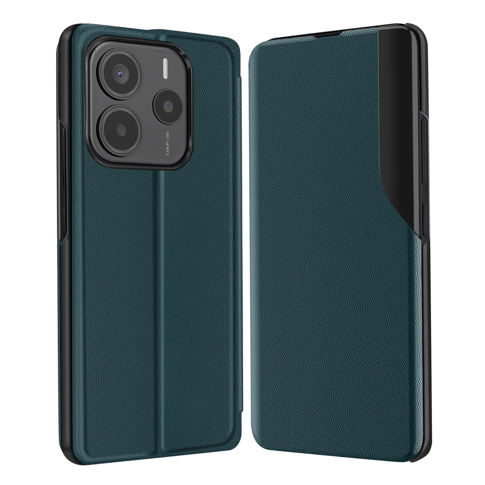 Custodia verde scuro per telefono, aperta, con un telefono dentro. In pelle verde scuro.