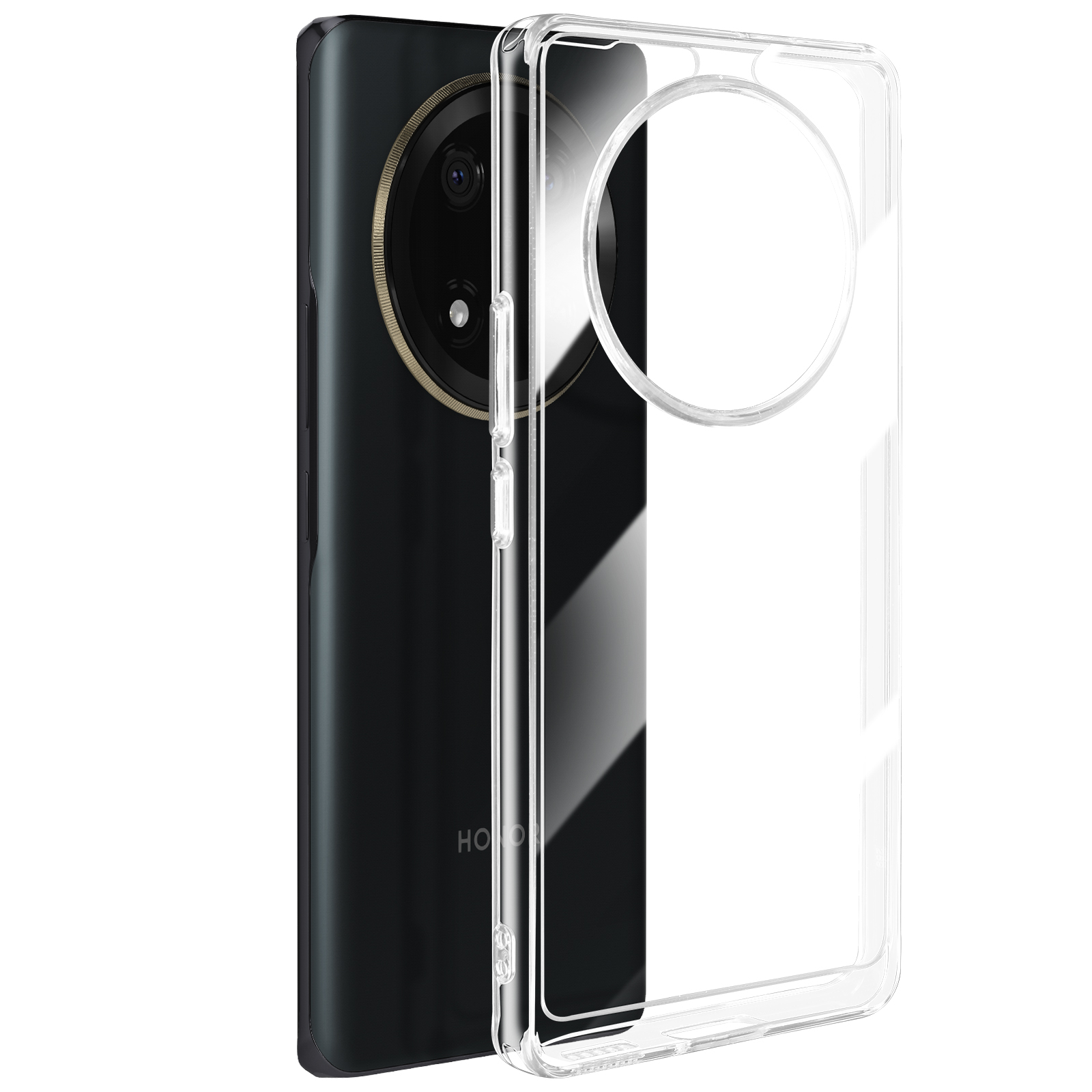 Custodia trasparente per telefono con telefono all'interno, che mostra la parte posteriore con fotocamere e logo HONOR.
