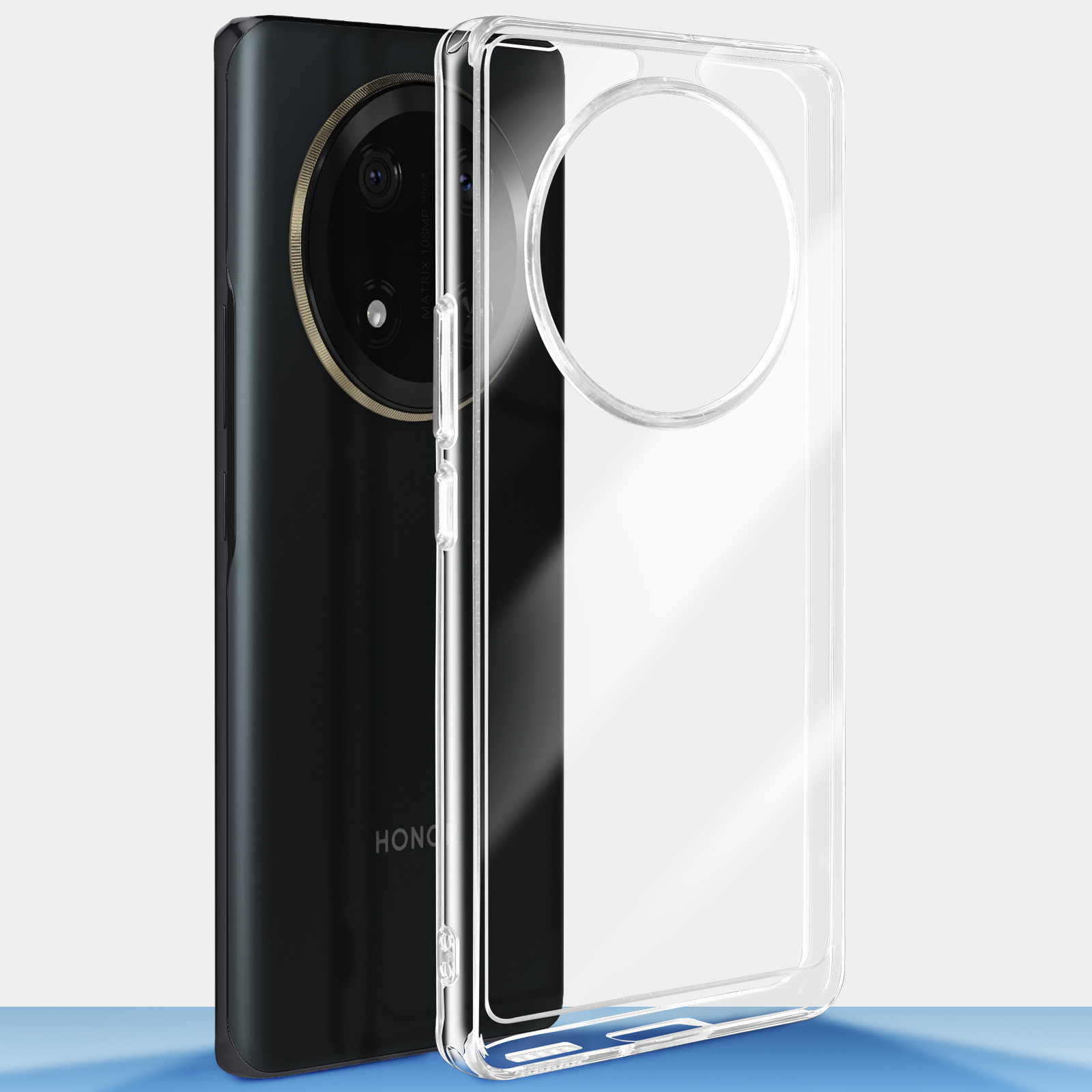 Telefono con custodia trasparente. Il telefono ha un grande modulo fotocamera circolare.