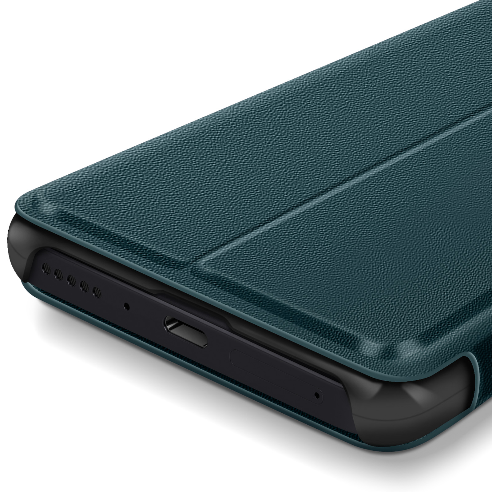 Primo piano di una cover teal. La cover è strutturata e mostra la parte inferiore.