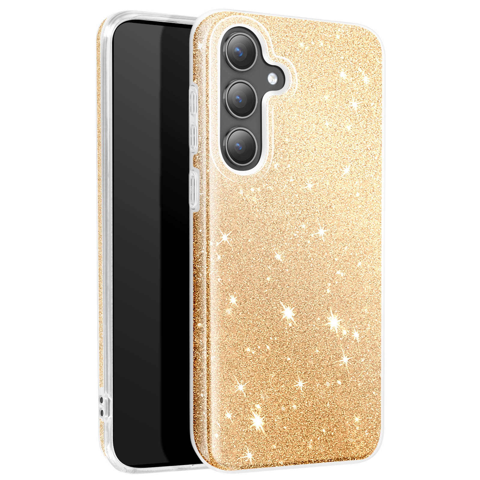 Una custodia per telefono glitterata dorata con un telefono all'interno.