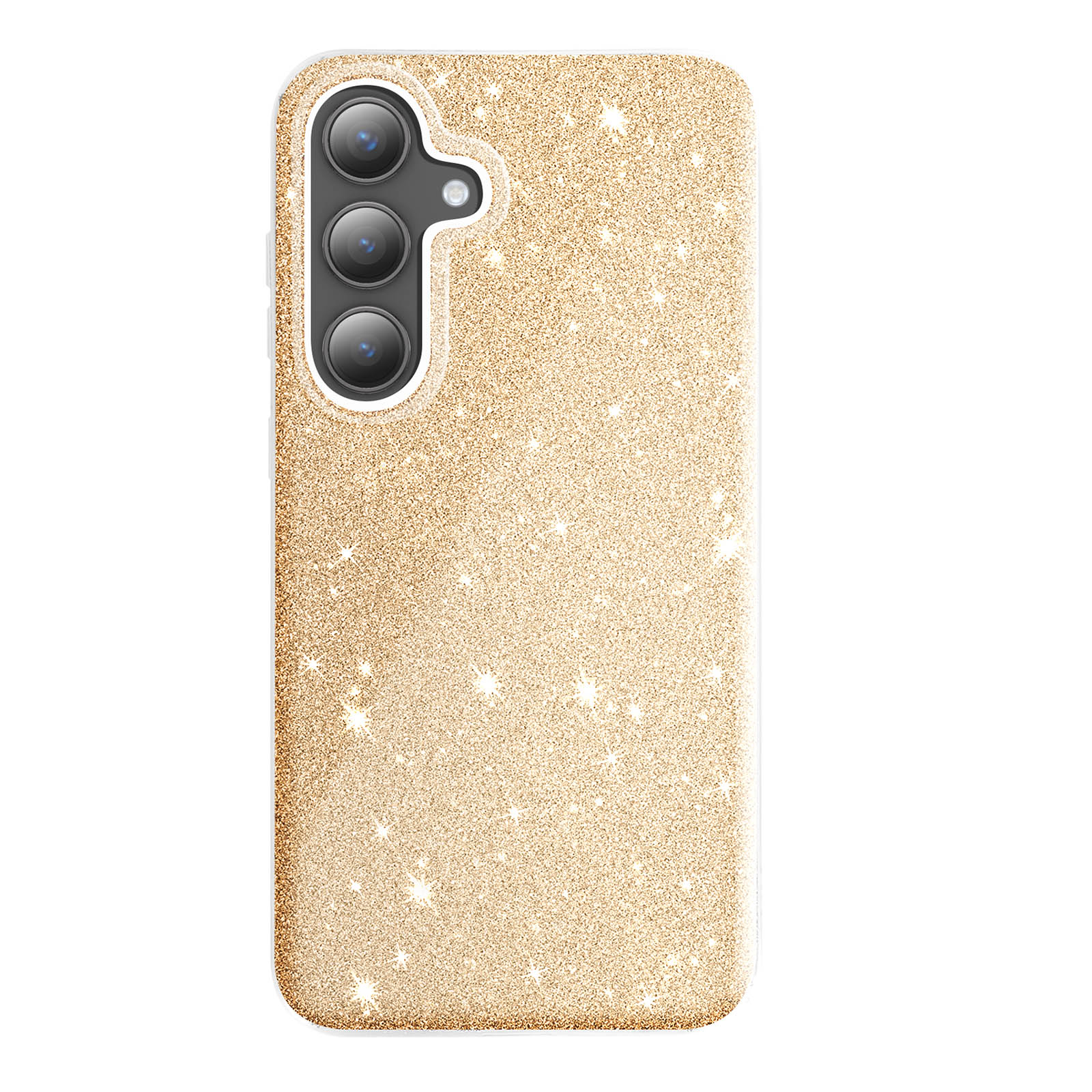 Custodia glitterata dorata con un telefono all'interno.
