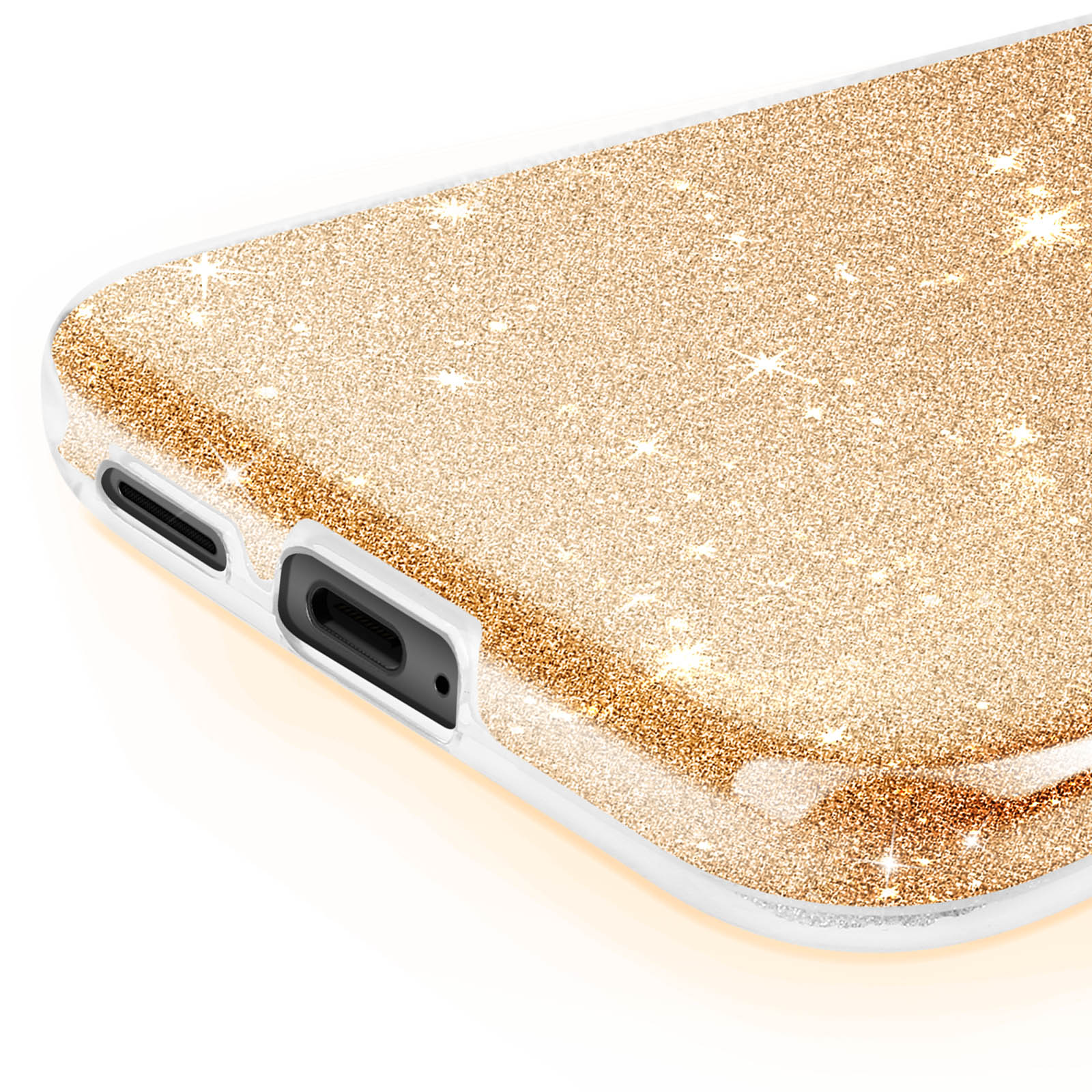 Primo piano di una cover con finitura oro glitterata. La parte inferiore del telefono è visibile.