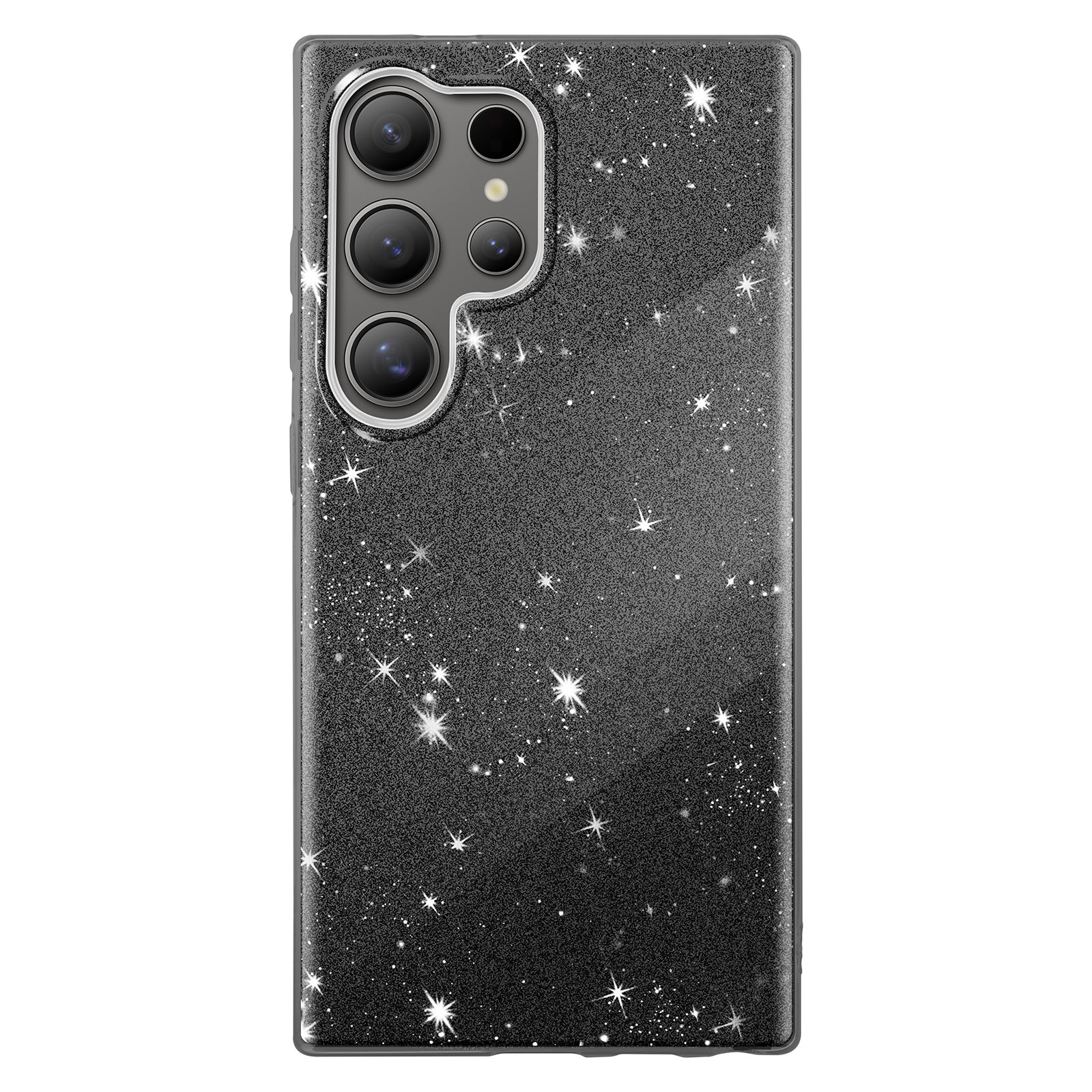 Custodia per telefono nera con design galassia, stelle e telefono all'interno.