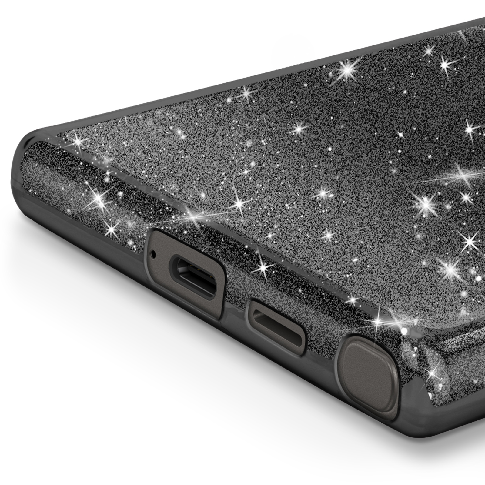 Primo piano di una custodia nera con stelle scintillanti.