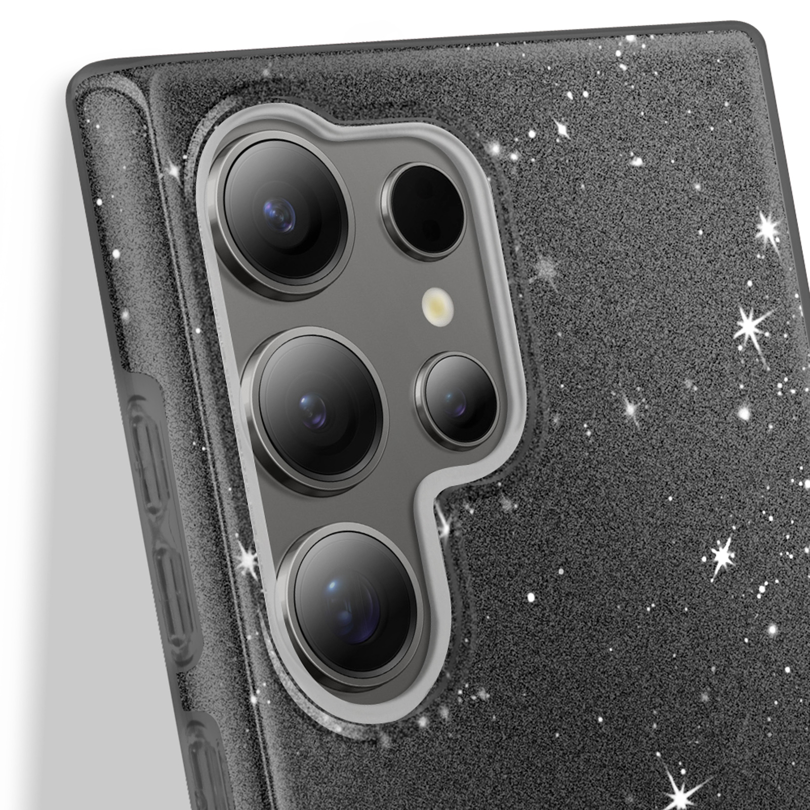 Primo piano di una custodia nera con glitter e lenti della fotocamera.