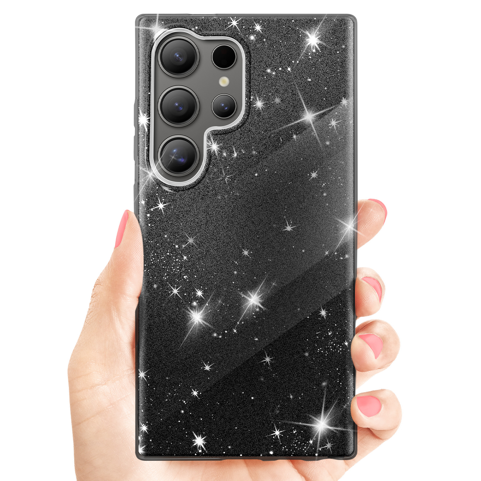 Mano che tiene una custodia nera con un design galassia con stelle.