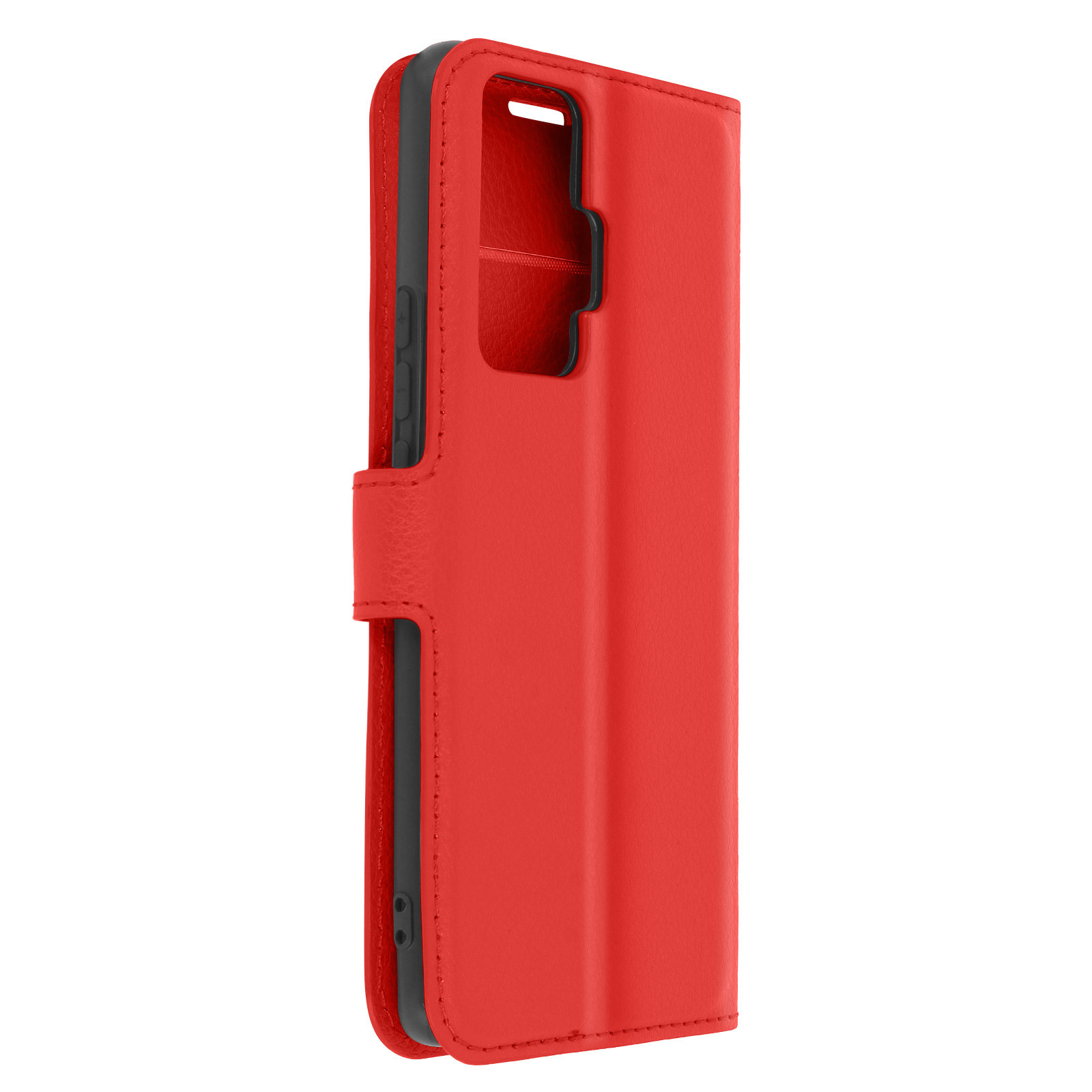 Portafoglio rosso chiuso. Il telefono non è visibile.