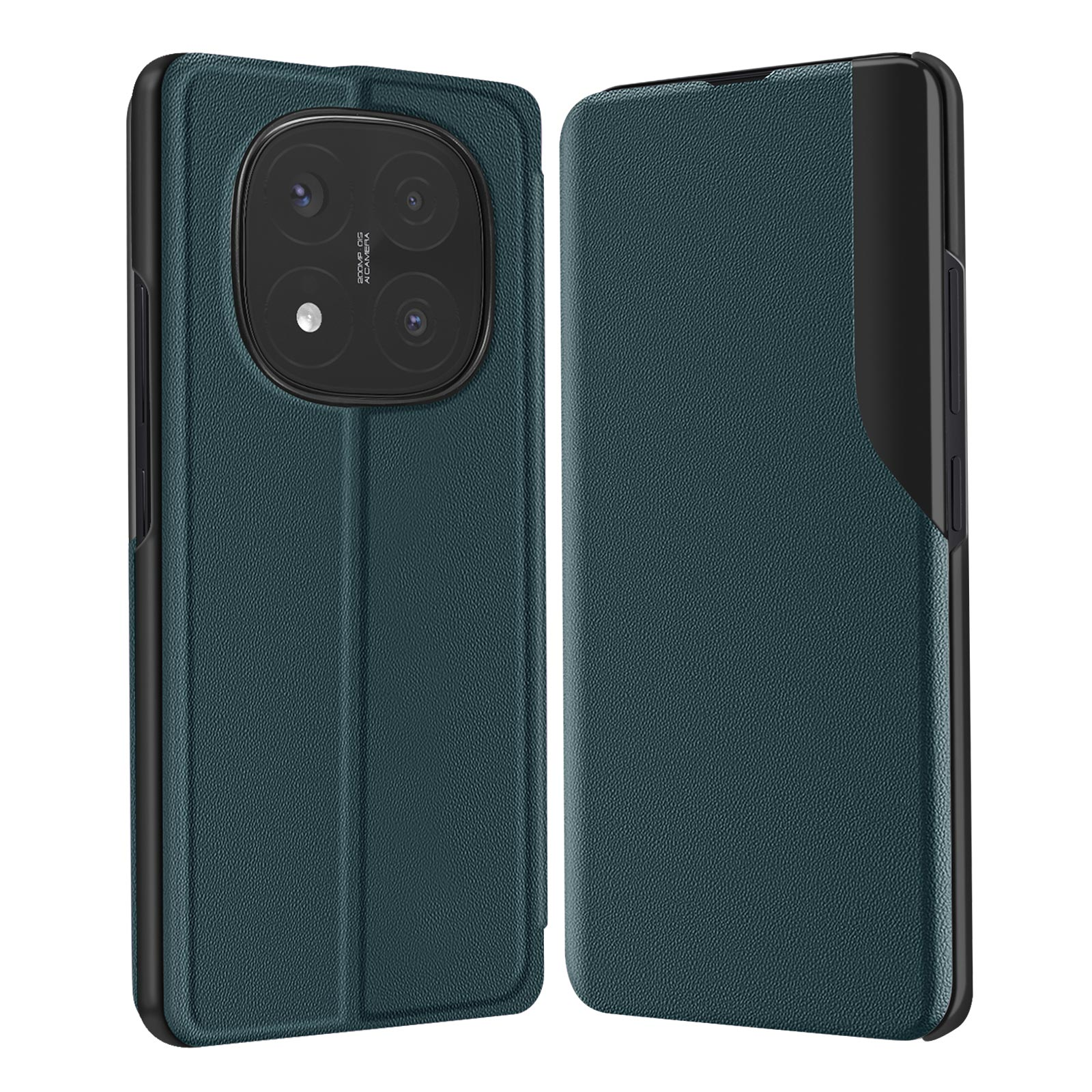 Custodia per telefono verde acqua, anteriore e posteriore. Ritagli per fotocamera e pulsanti visibili. Sfondo bianco.