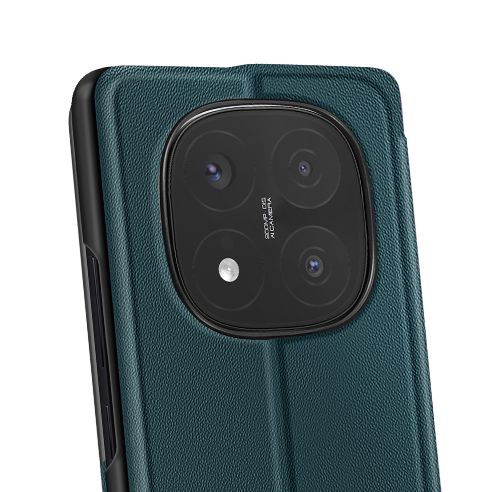 Primo piano della custodia del telefono. La custodia è verde acqua, la fotocamera del telefono è visibile.