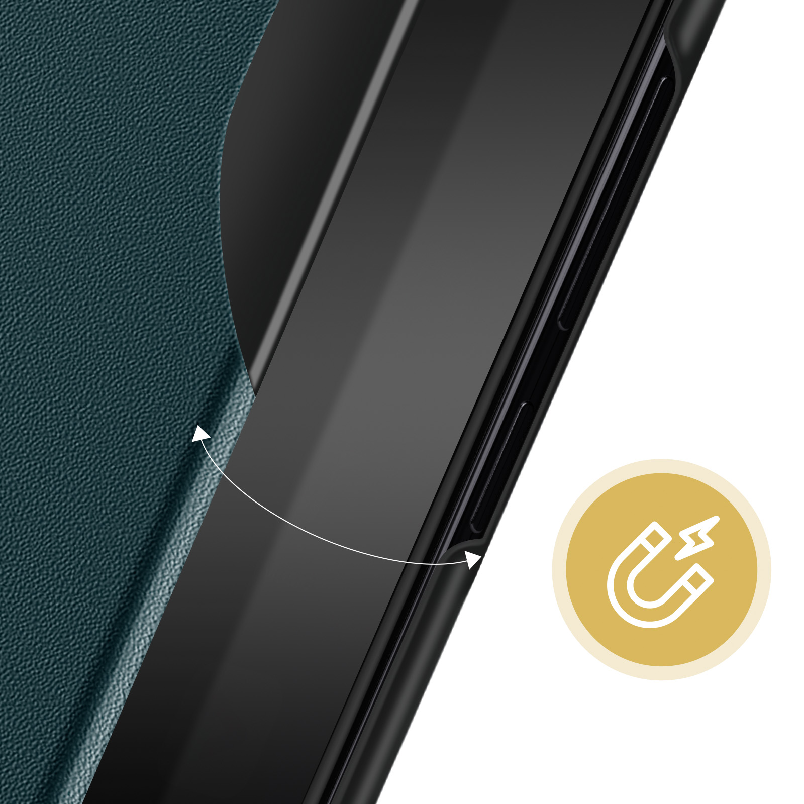 Primo piano della custodia del telefono. La custodia è verde acqua e ha un'icona magnetica.