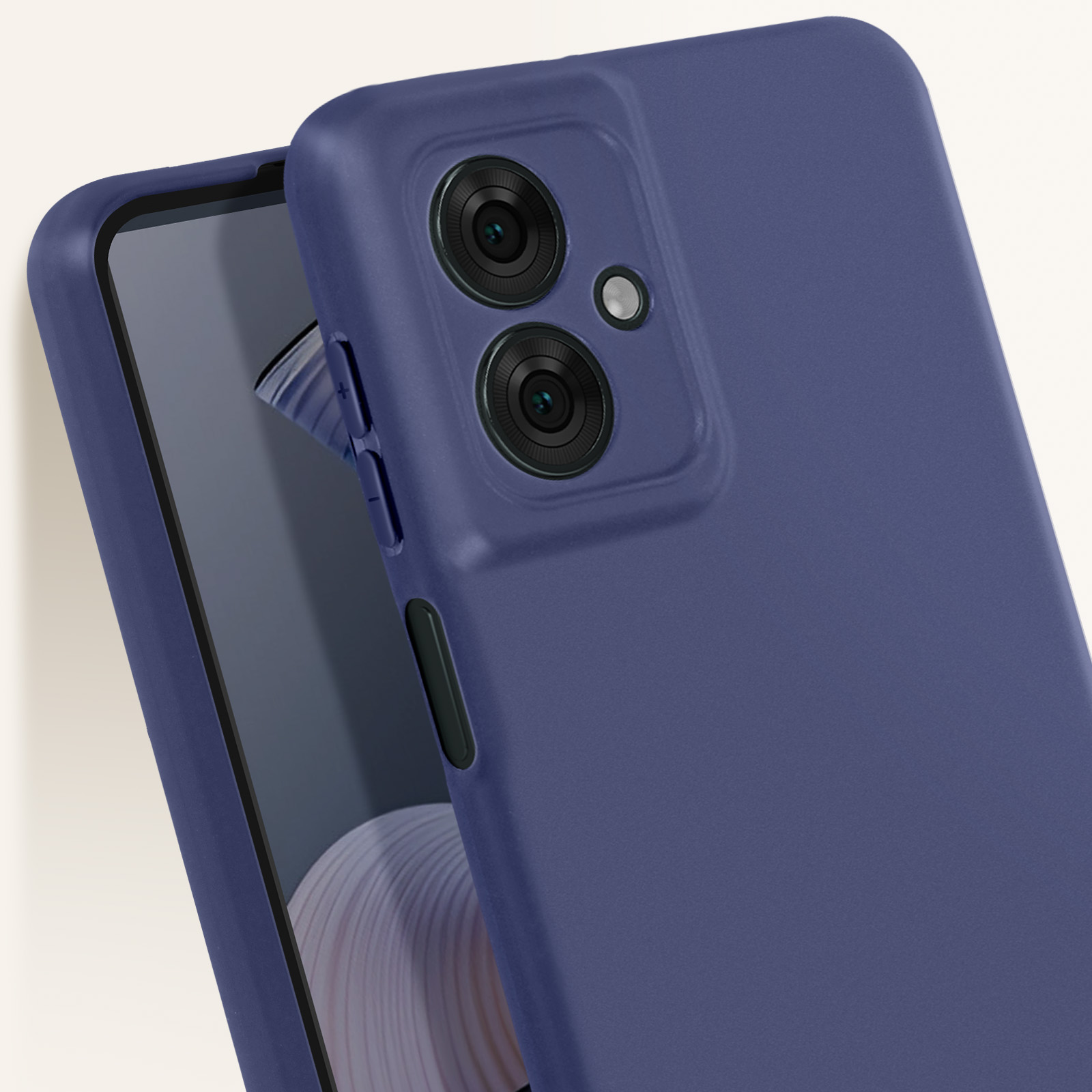 Primo piano di una custodia blu con telefono. La custodia ha una fotocamera.