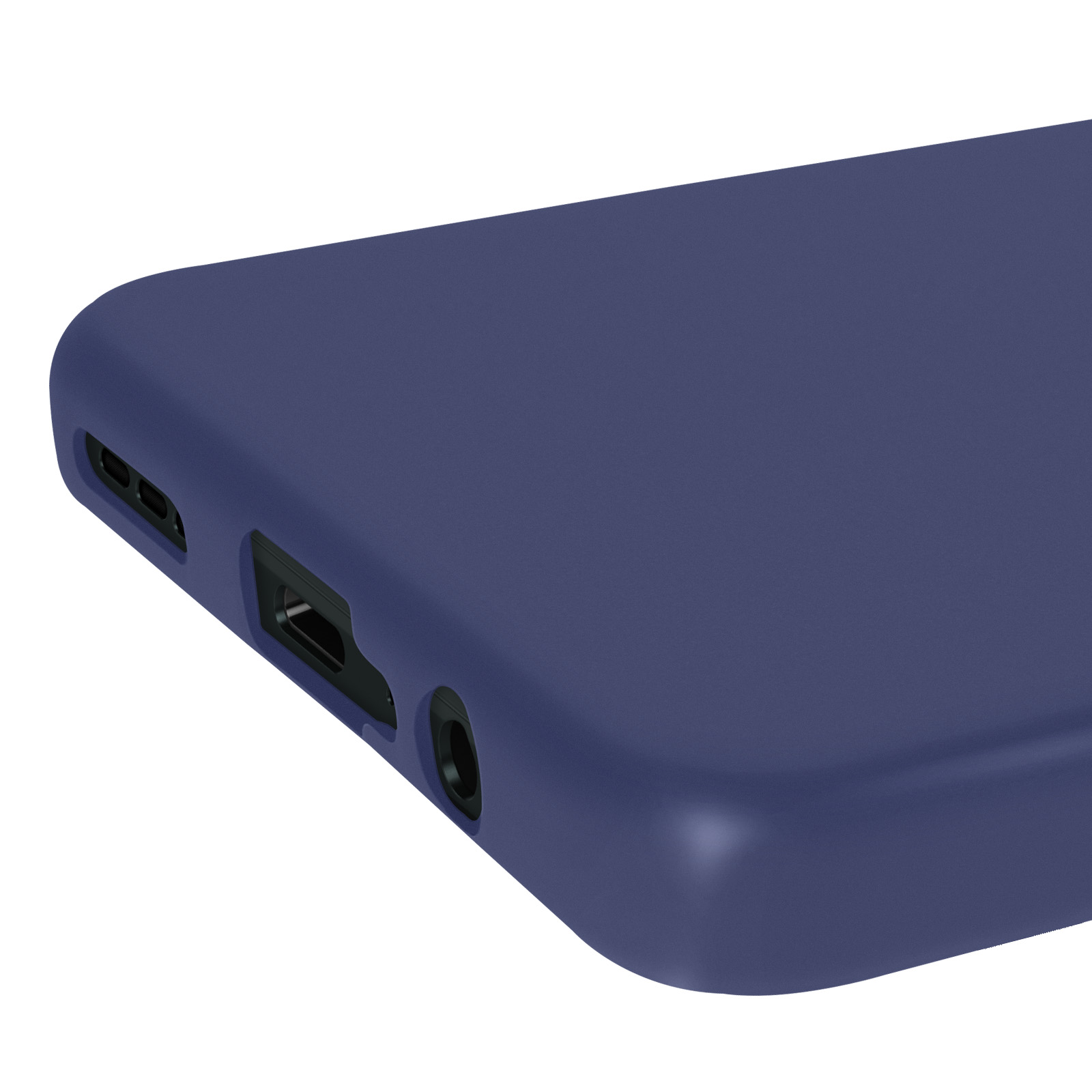 Primo piano della parte inferiore di una custodia blu per telefono. Mostra la porta di ricarica.