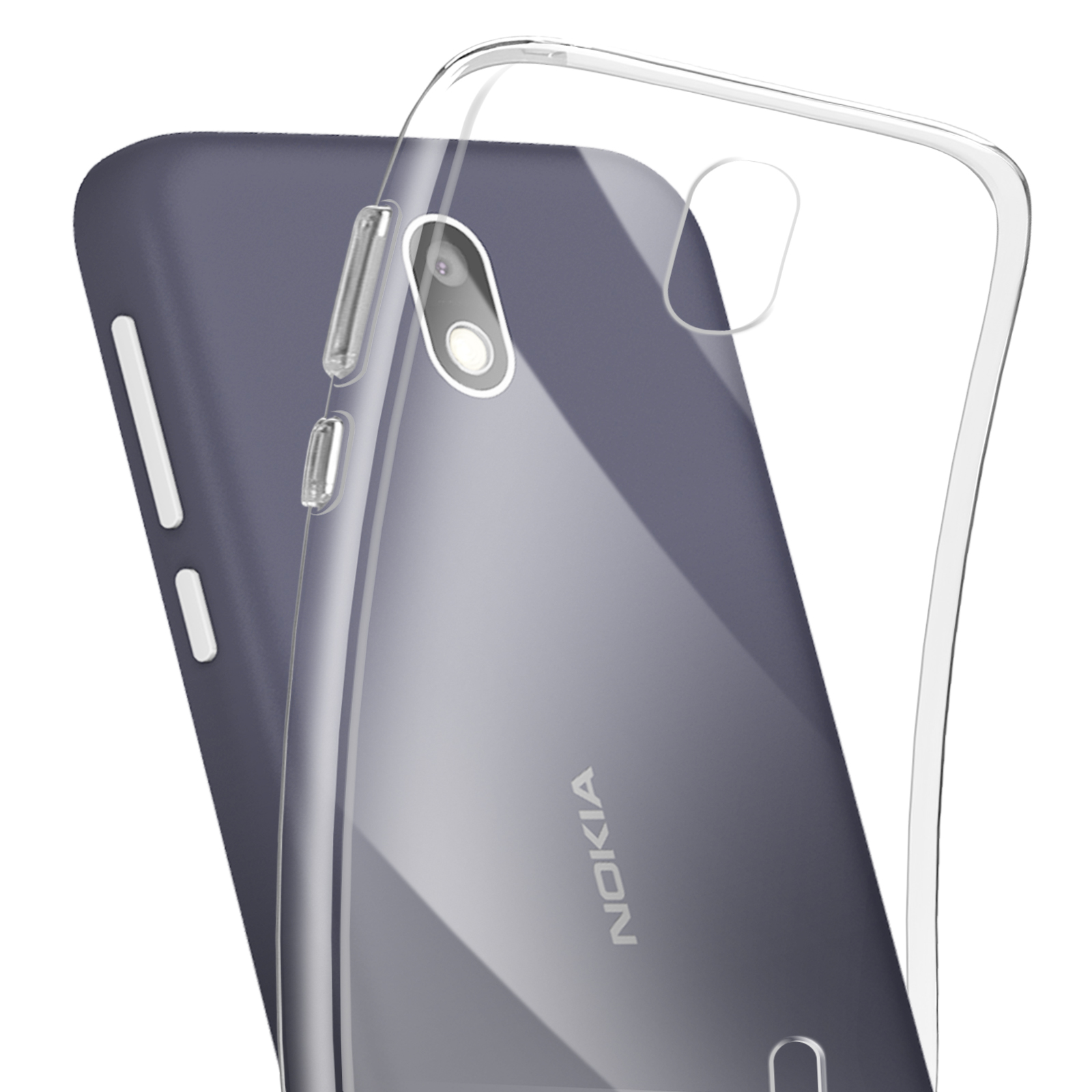 Una custodia trasparente su un telefono scuro. Il logo Nokia è visibile.