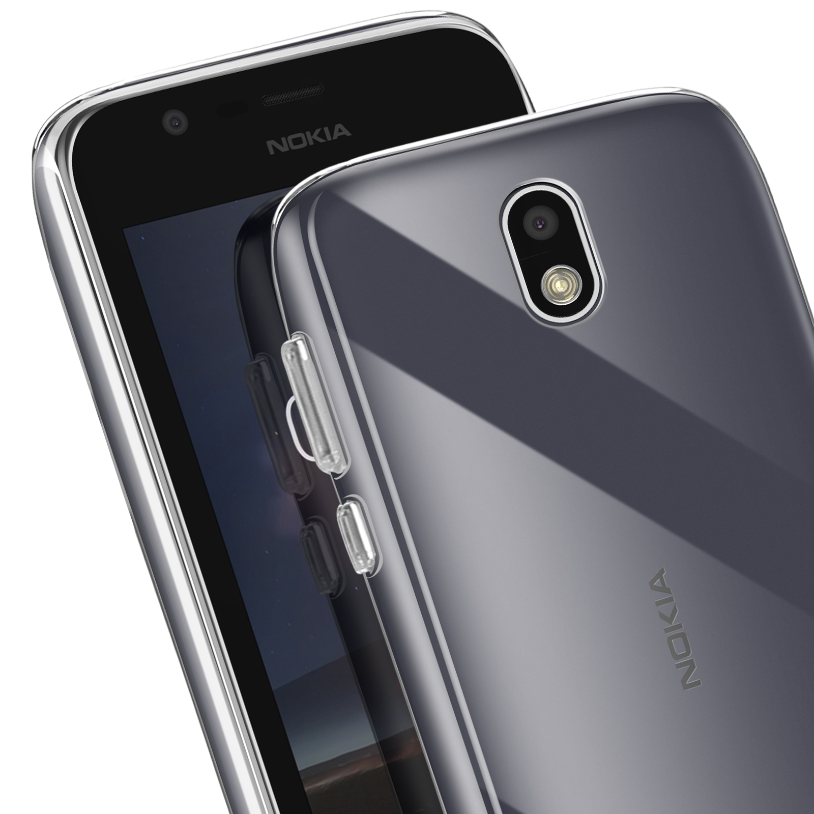 Una custodia trasparente su un telefono scuro. Il logo Nokia è visibile.