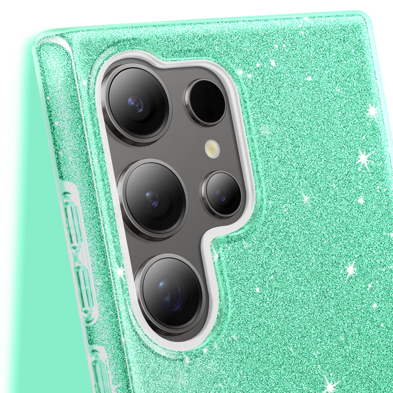 Primo piano di una custodia glitterata verde. Ha più fotocamere.