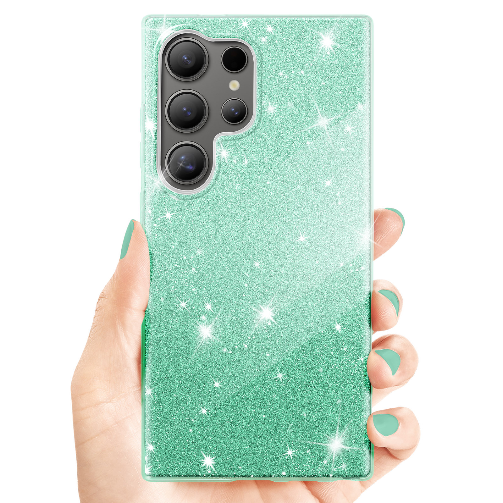 Una mano che tiene una custodia glitterata verde. La custodia è coperta di brillantini.