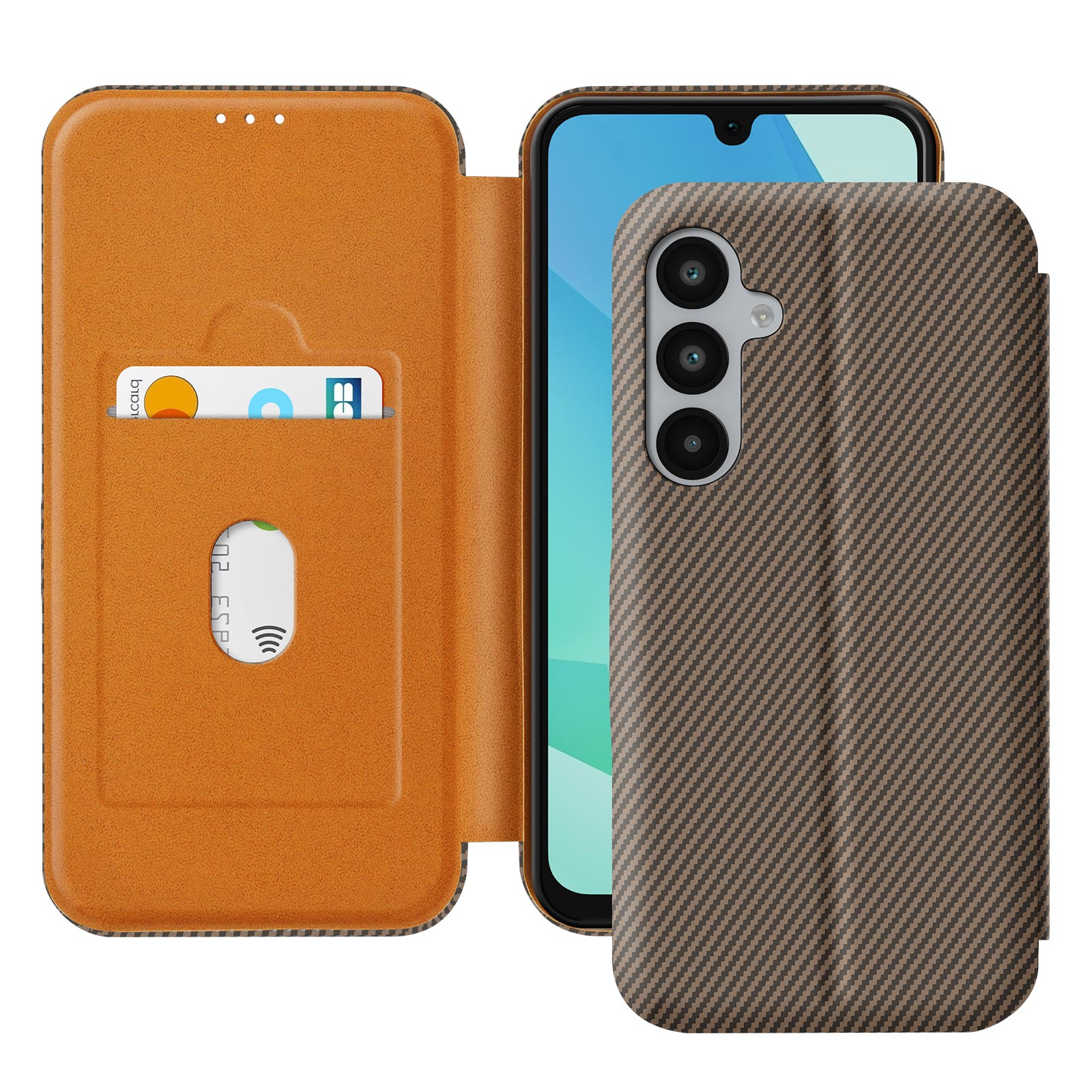 Custodia con porta carte aperta, con telefono all'interno. Colori marrone e arancione.