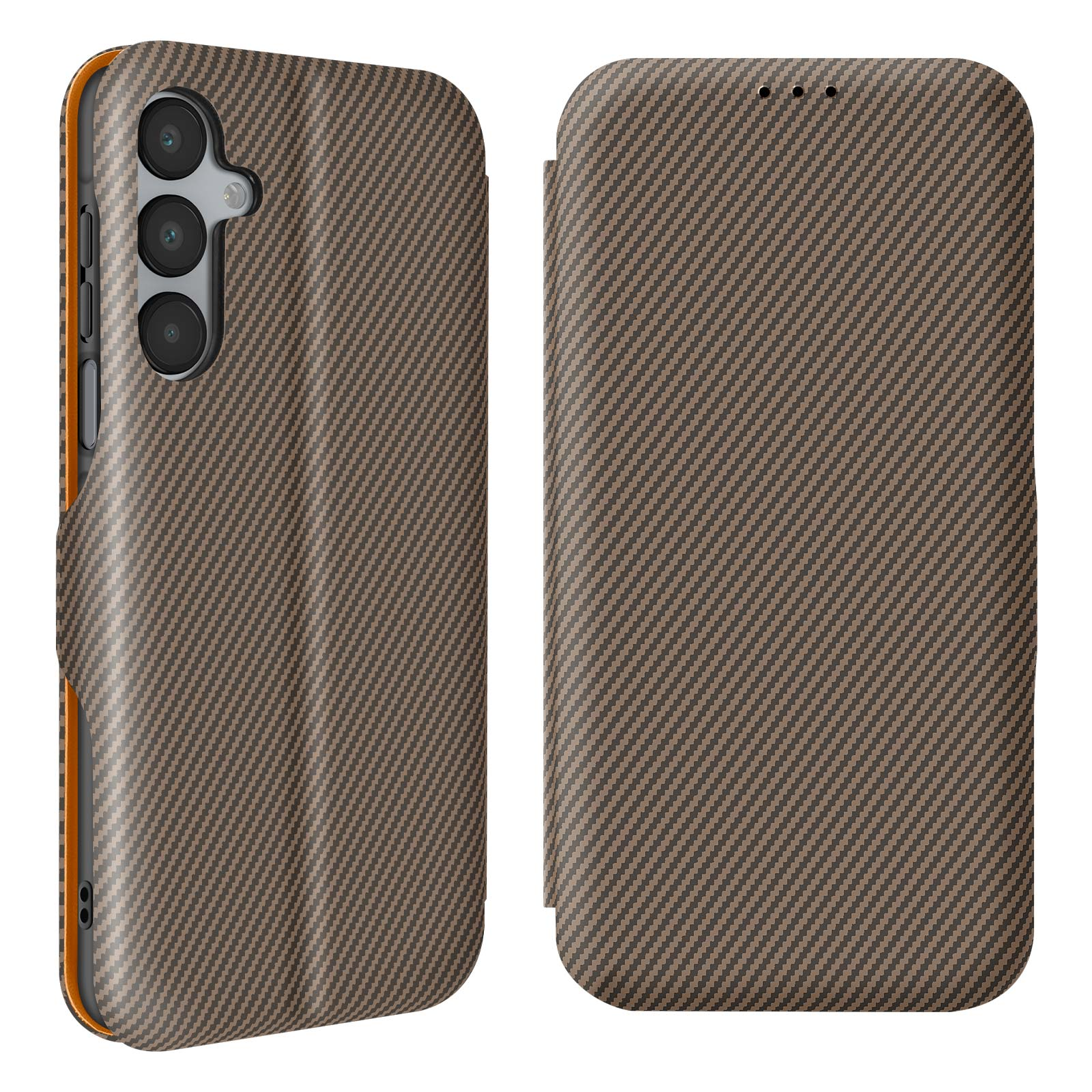 Custodia aperta. Colori marrone e arancione. Il telefono ha una fotocamera.