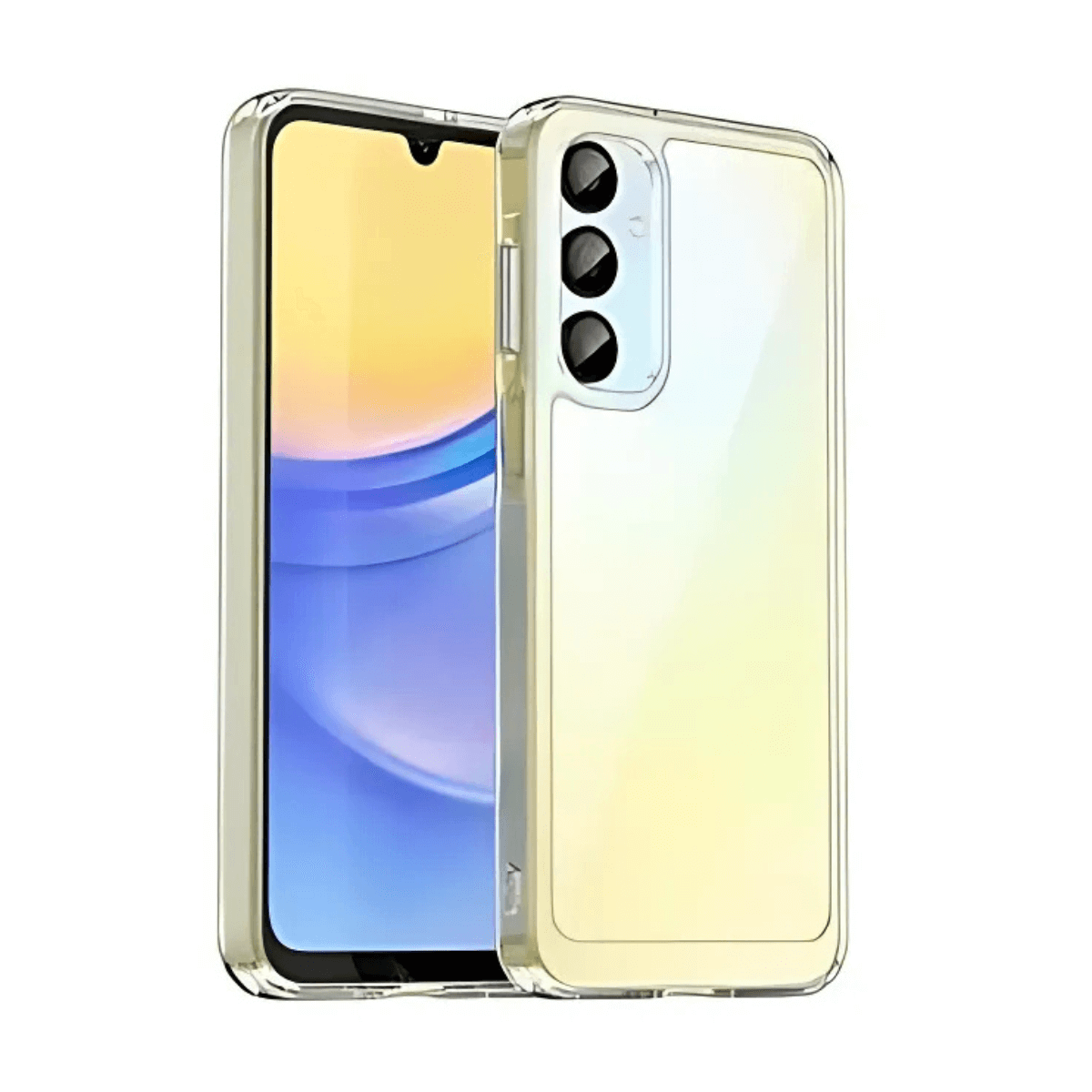 Telefono giallo con custodia trasparente. Tripla fotocamera e schermo.