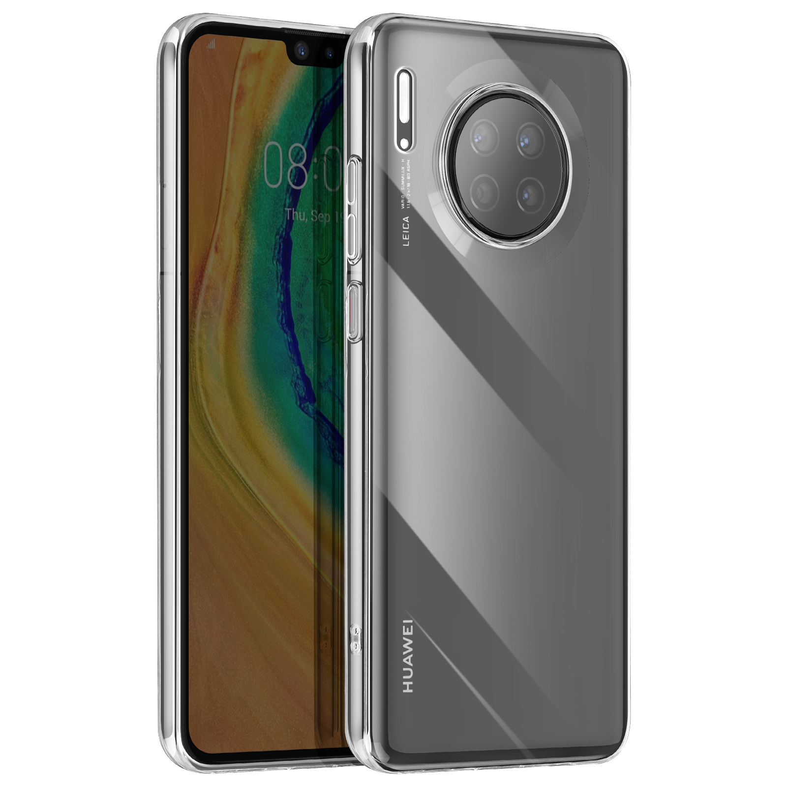 Custodia per telefono trasparente, bordata d'argento, con un telefono all'interno. Il telefono ha un grande modulo fotocamera e uno schermo.