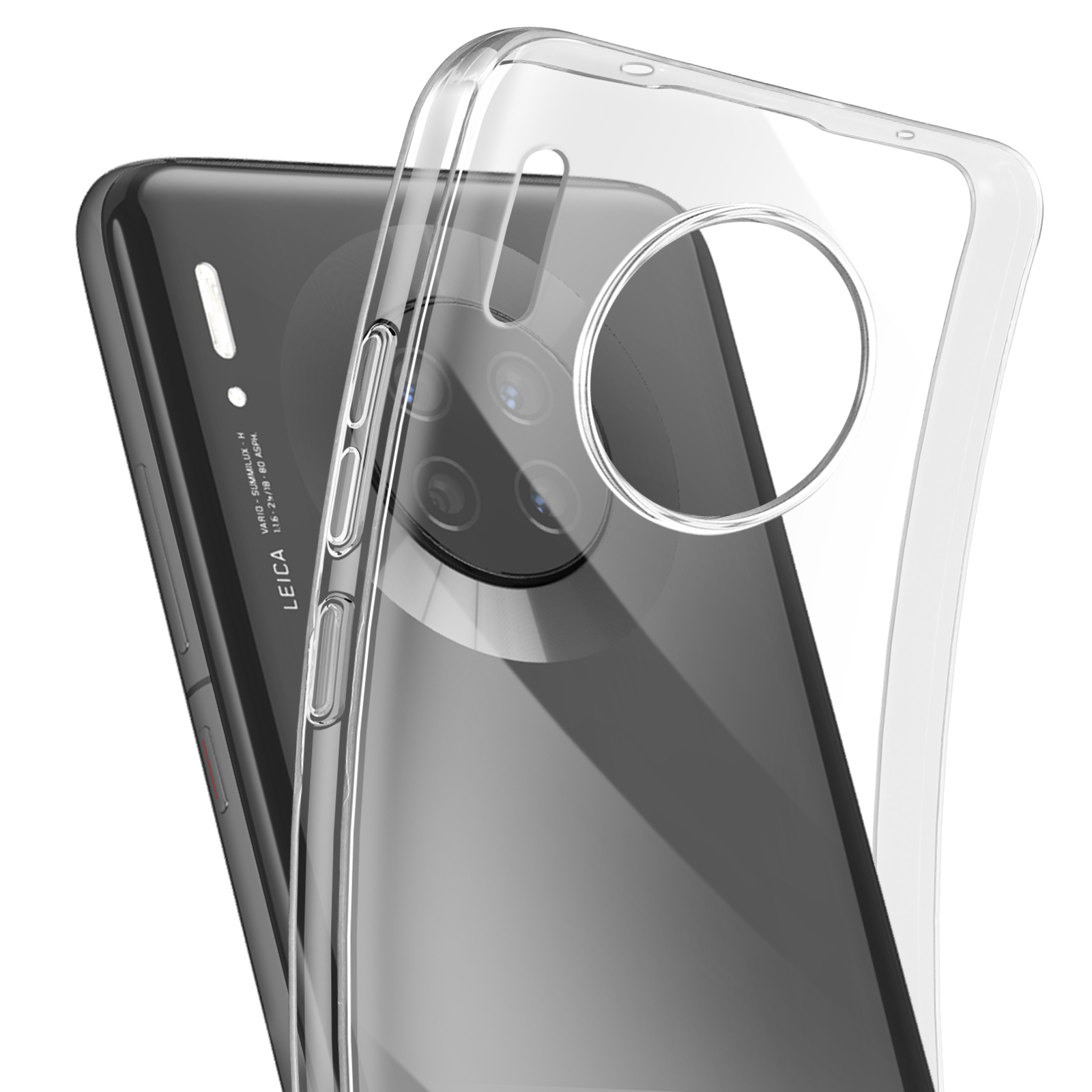 Custodia trasparente su un telefono. Il telefono ha fotocamera e schermo nero.