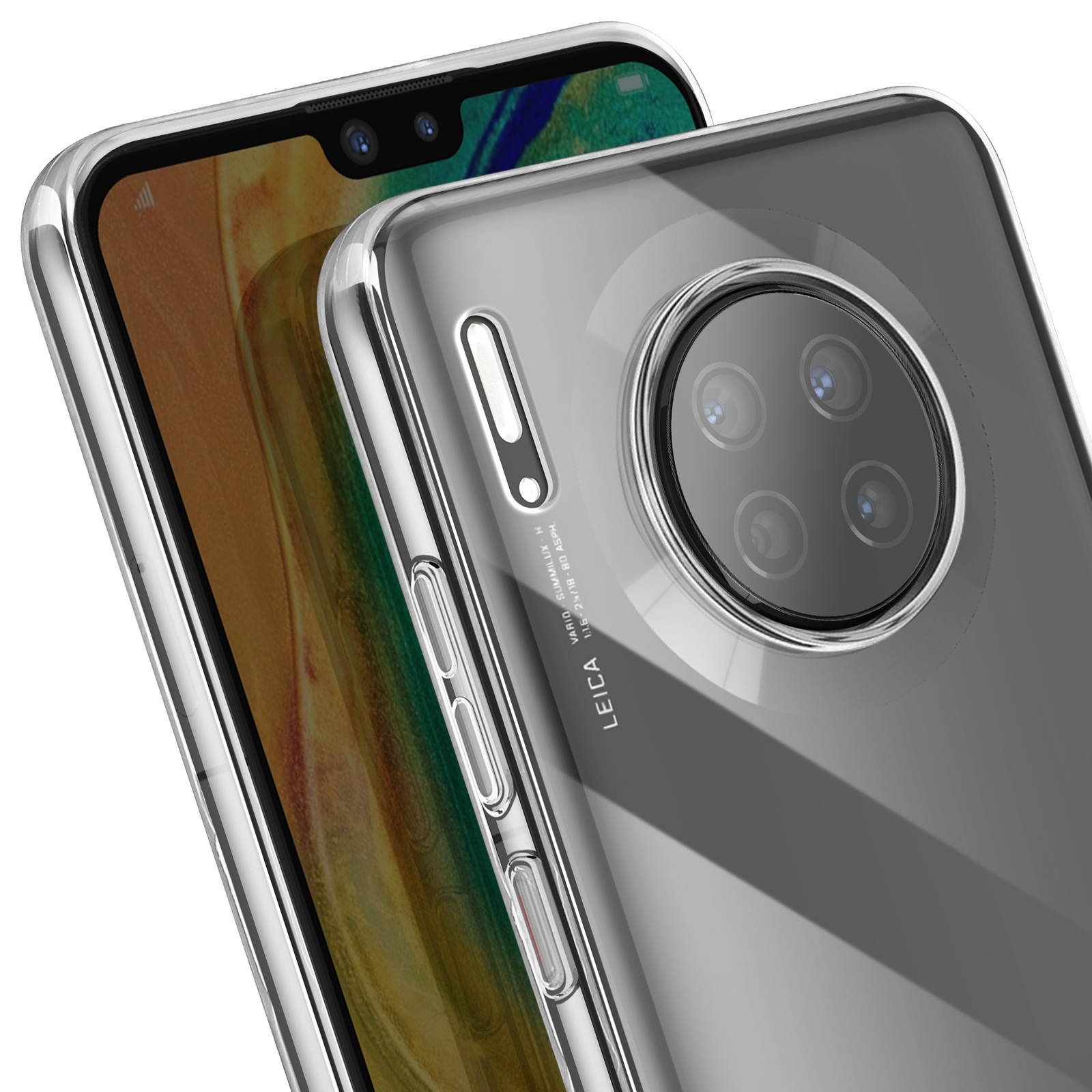 Custodia trasparente su un telefono. Il retro mostra le fotocamere. L'altro telefono ha uno schermo verde.
