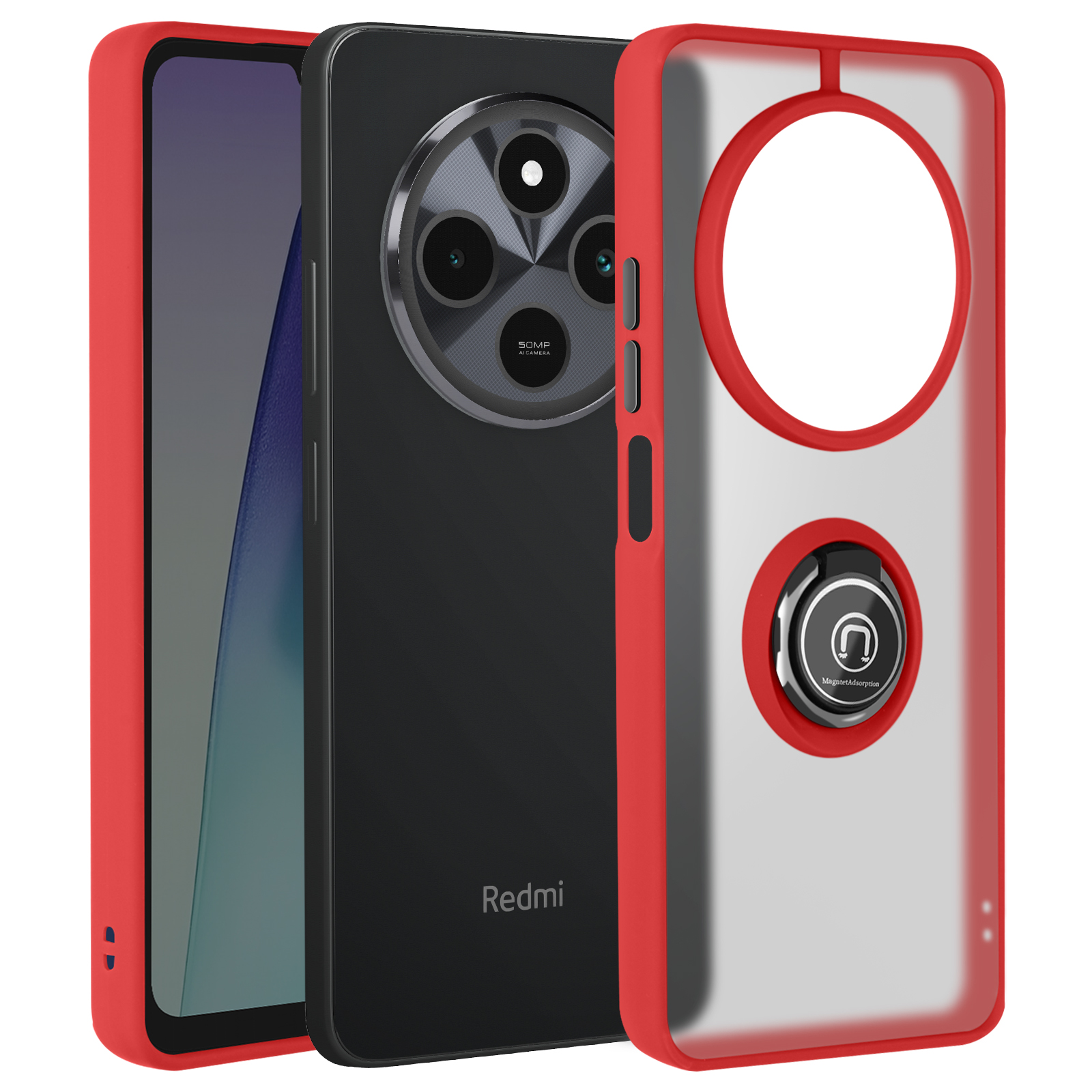 Custodia rossa e nera con anello. C'è un telefono dentro.