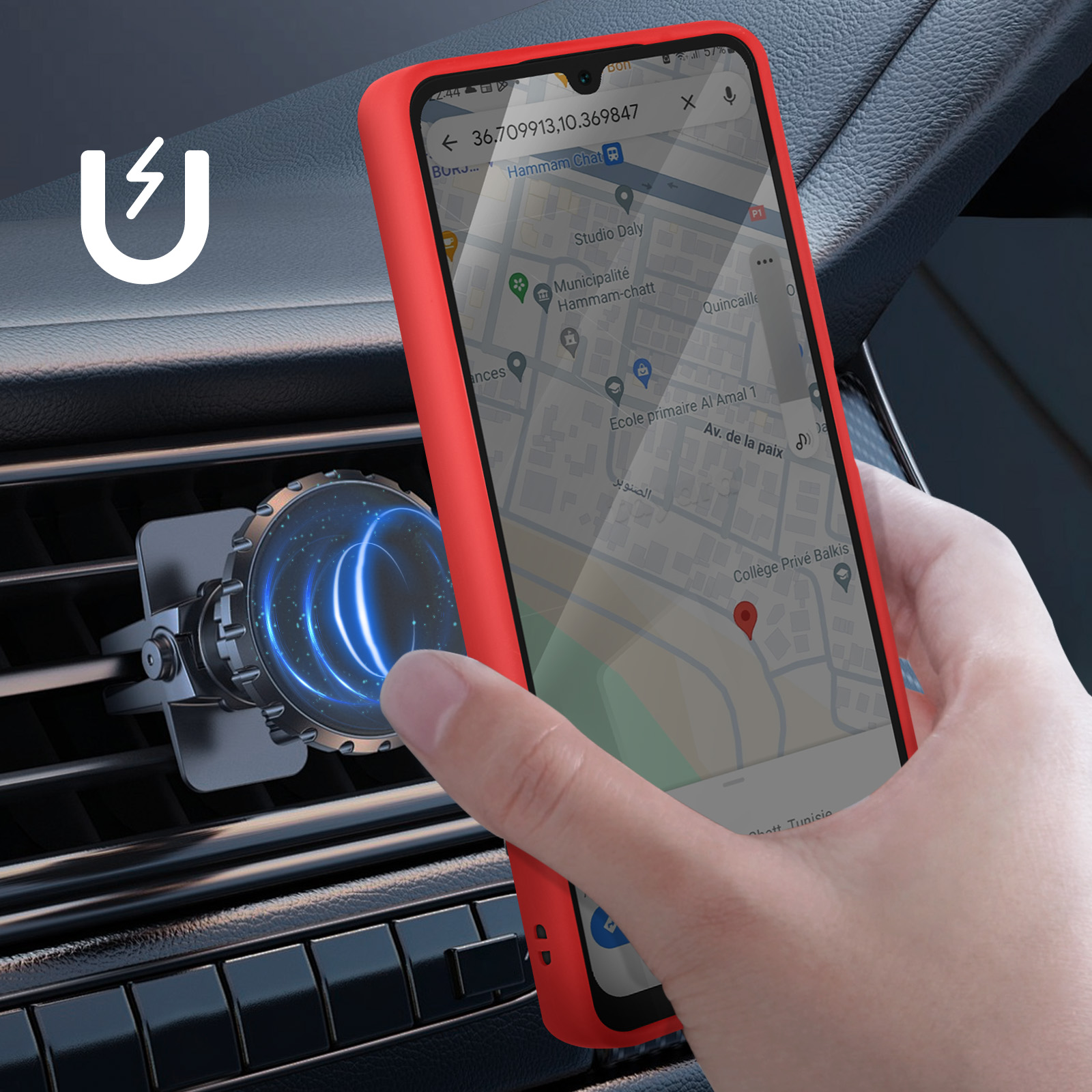Custodia rossa con telefono in auto. Mostra mappa e supporto magnetico.
