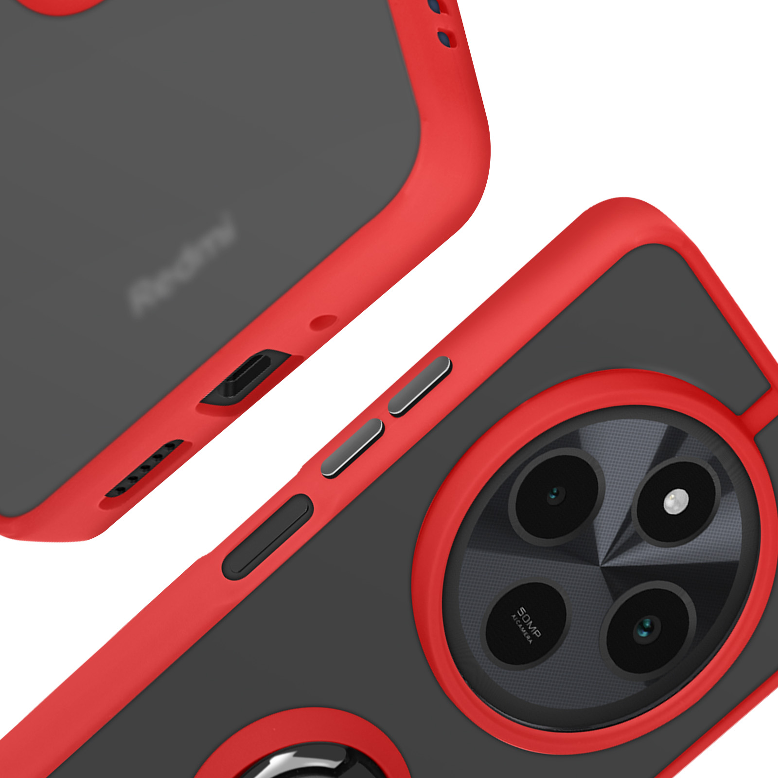 Un telefono con una custodia rossa e nera. Pulsanti e fotocamera sono visibili.