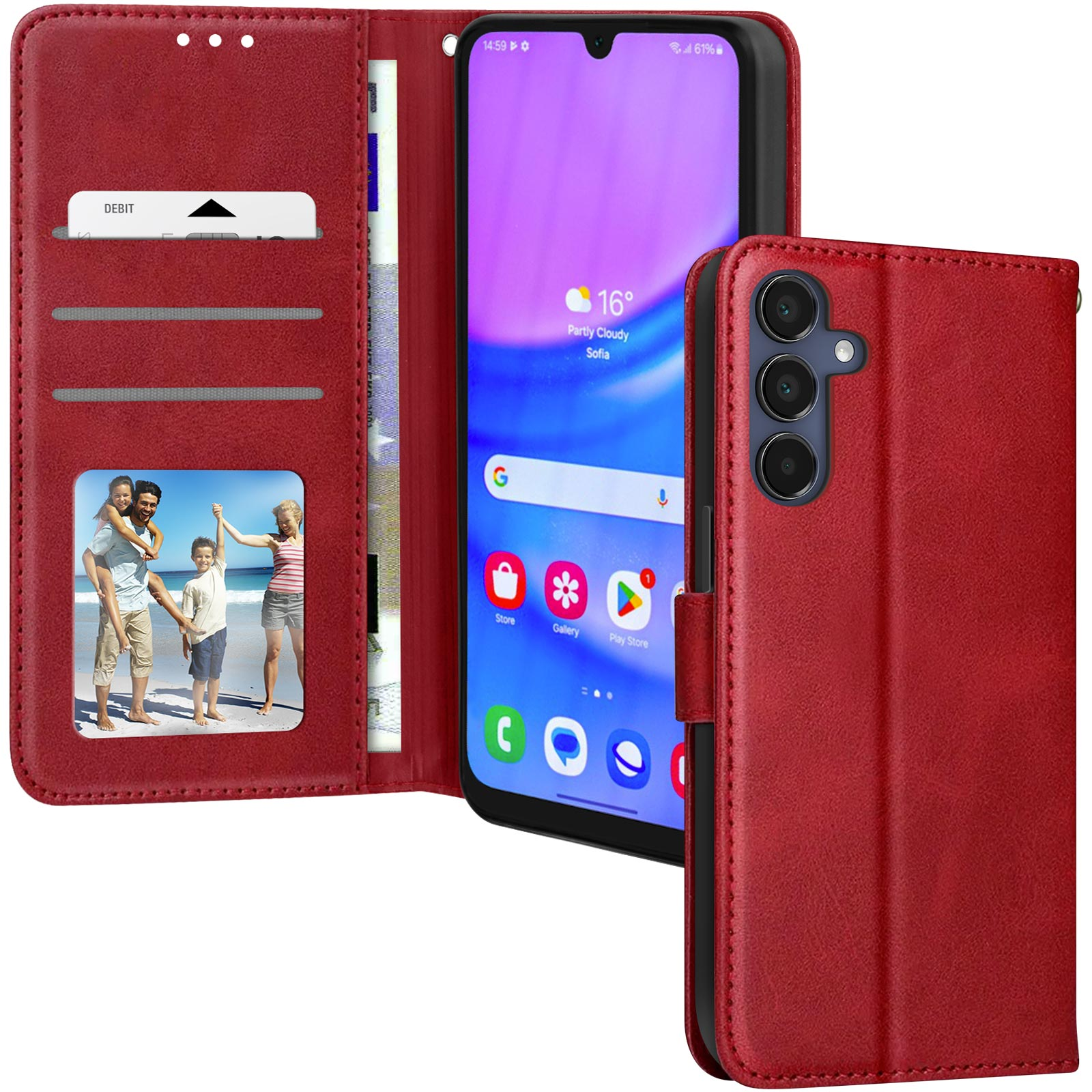 Una custodia rossa per telefono con telefono, foto e fessure per carte visibili.