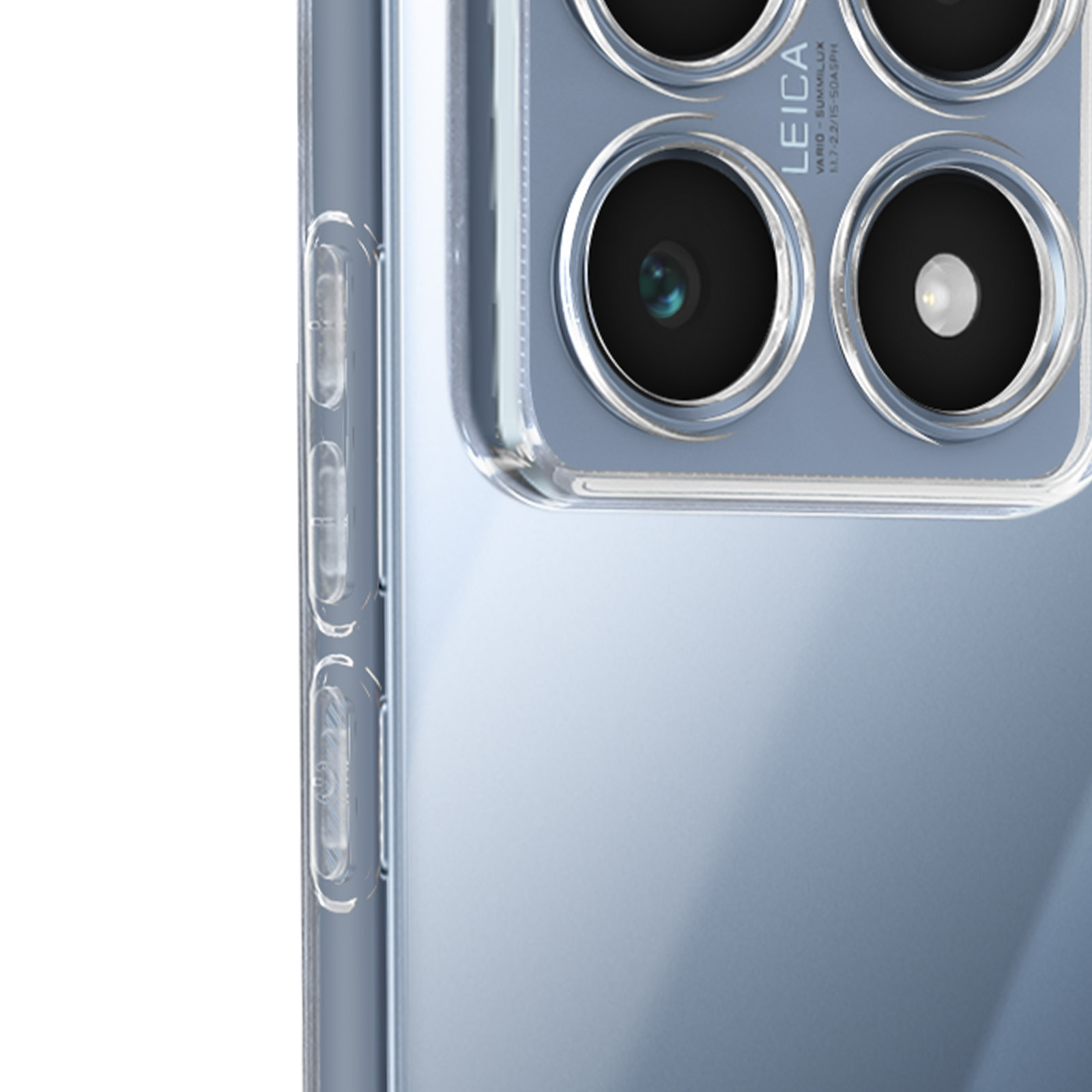 Primo piano dei dettagli del telefono. Custodia trasparente, pulsanti e tre obiettivi della fotocamera.