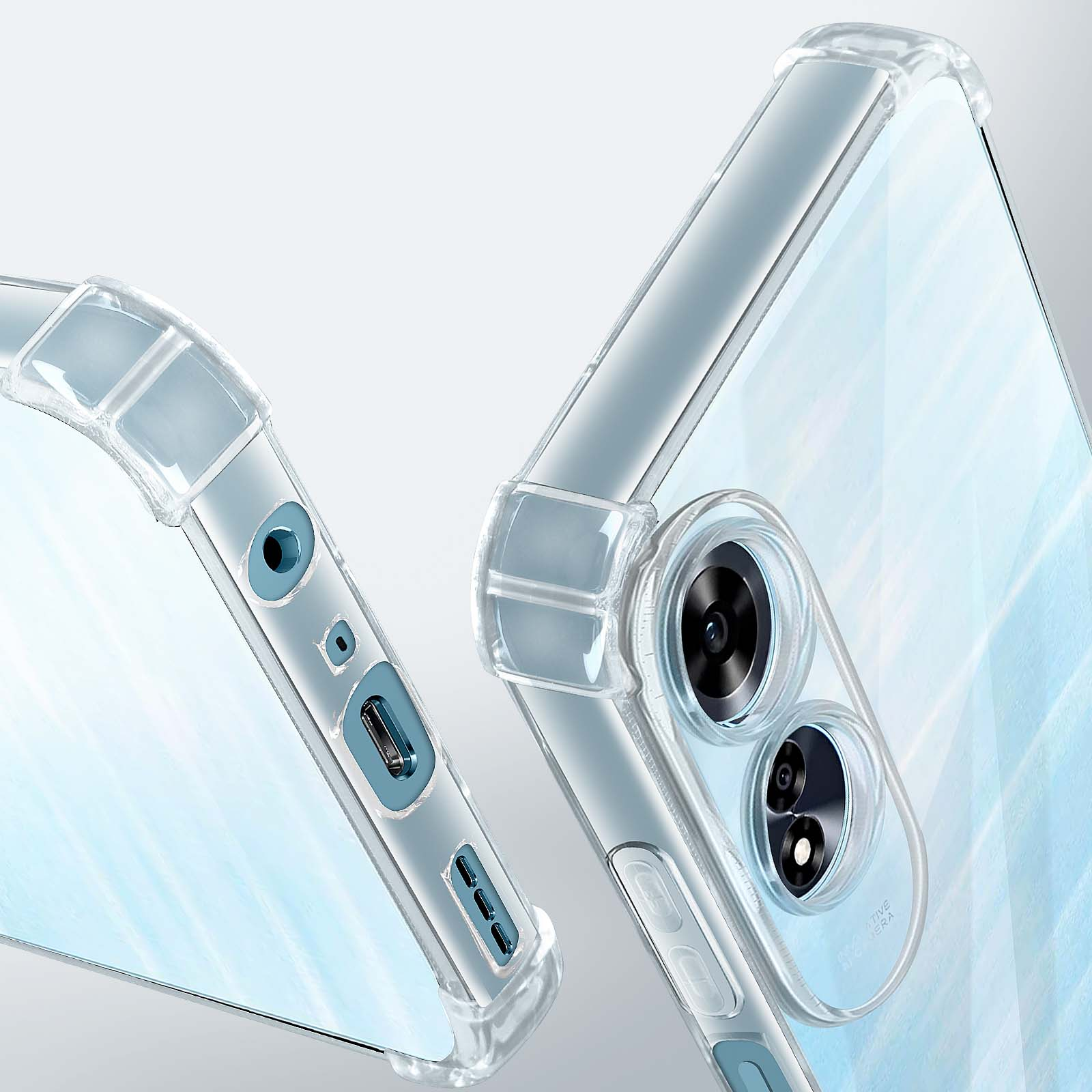 Primo piano dei dettagli del telefono. Custodia trasparente, pulsanti e tre obiettivi della fotocamera.