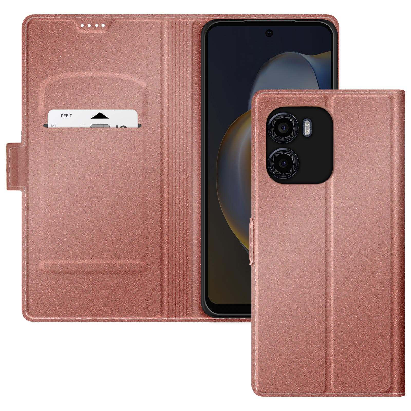 Una custodia per telefono color oro rosa con un telefono all'interno. Una carta di debito è nella fessura.