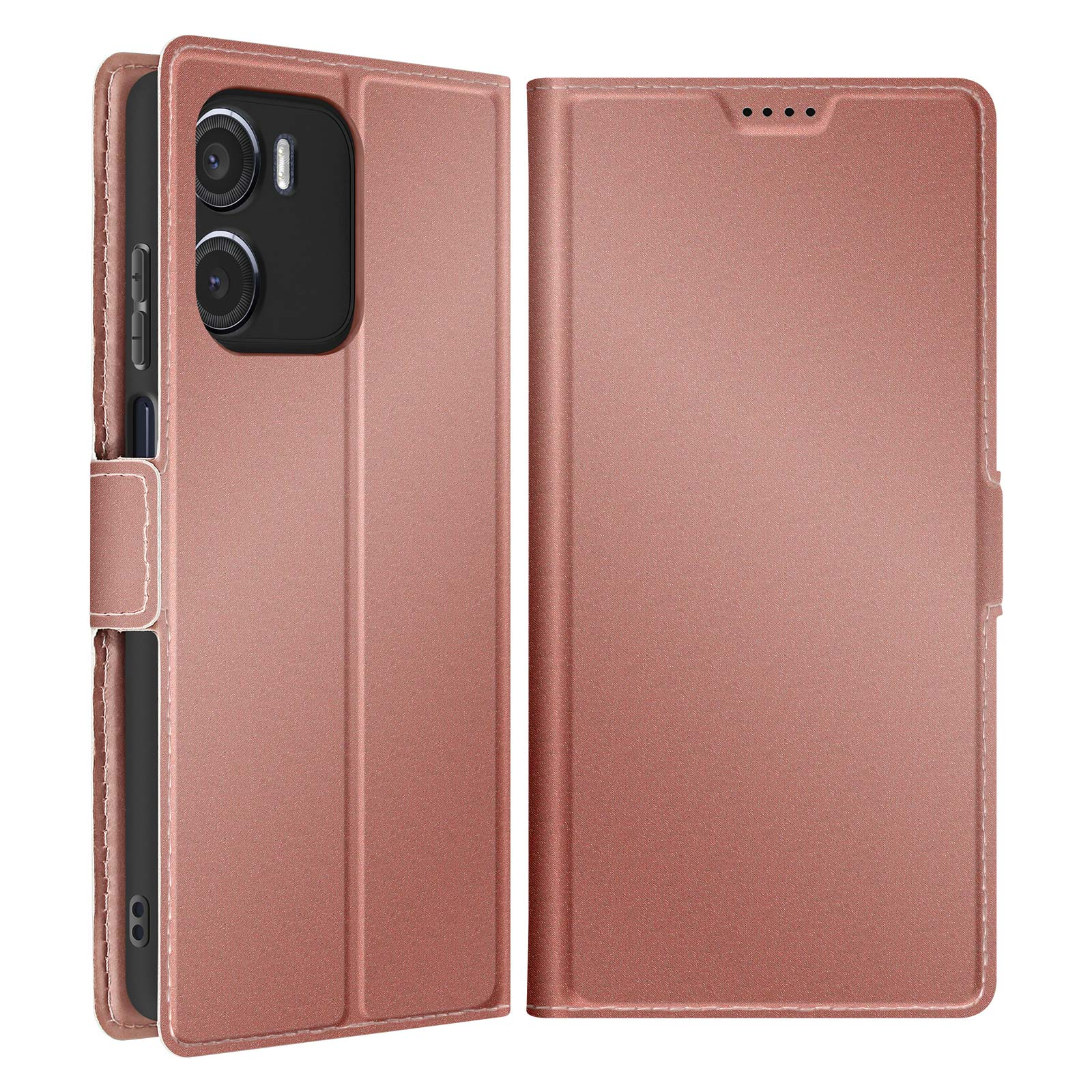 Custodia per telefono oro rosa, aperta e chiusa, con telefono all'interno. Dispone di ritagli per fotocamera e chiusura.